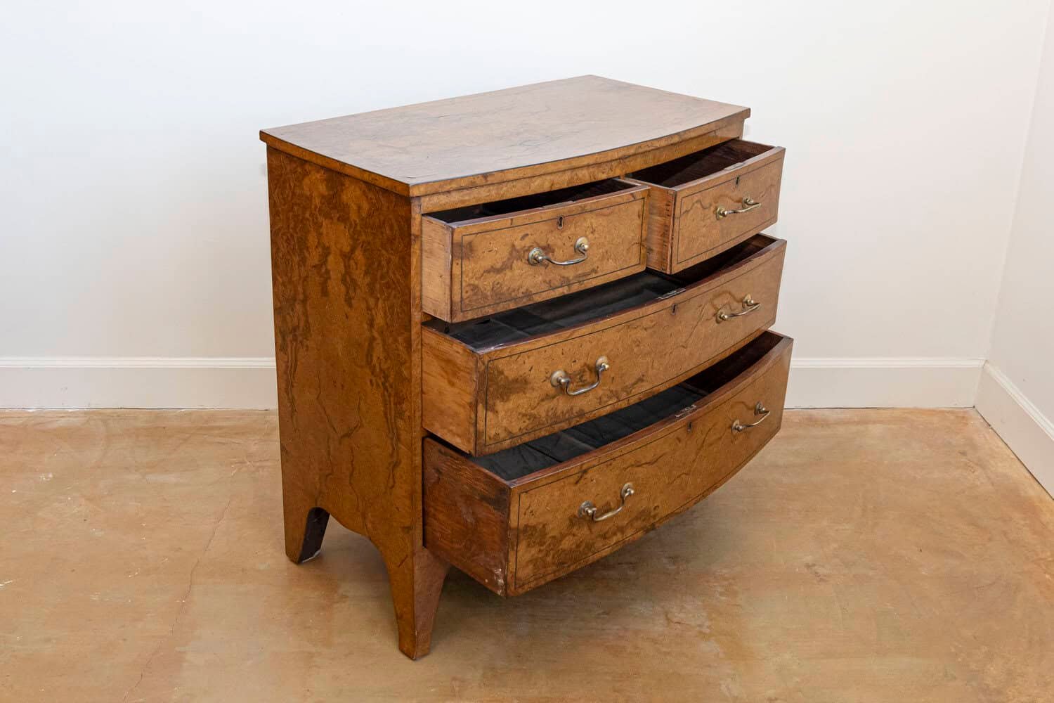 English Burr Walnut Bow Front Chest of Drawers circa 1870 with Bookmatch Veneer - JAA
