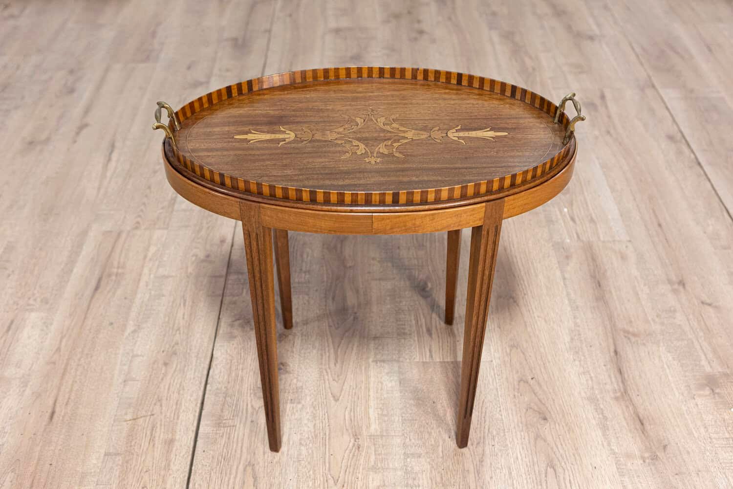 Danish 1900s Walnut Tray Table with Ash Foliage Marquetry and Removable Top - JAA