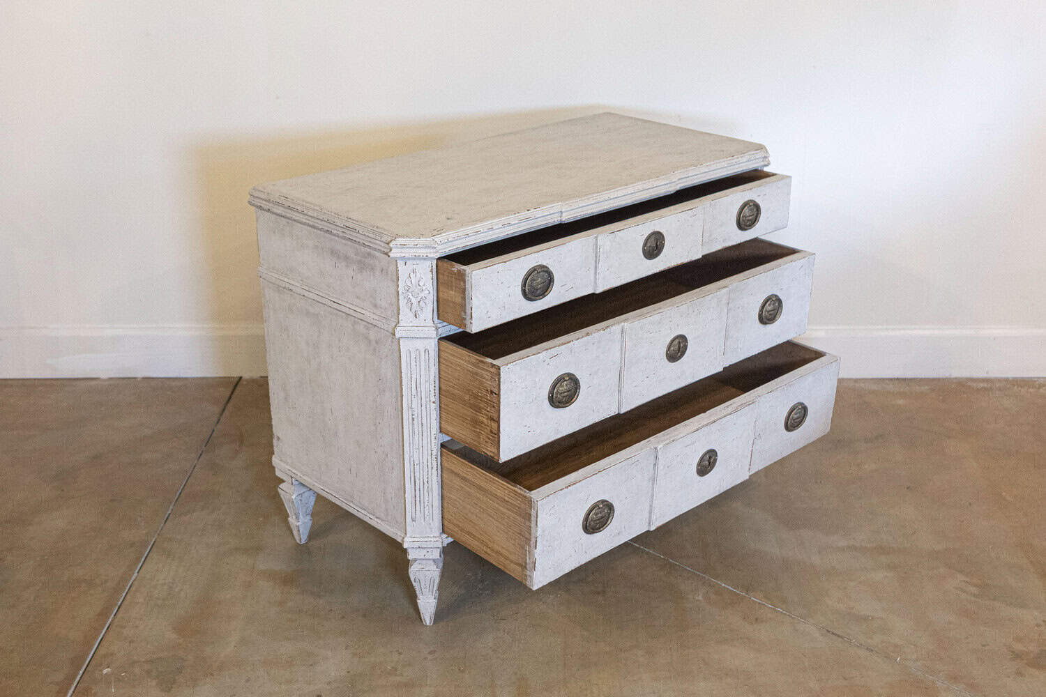 Pair of Swedish Gustavian Style Painted Breakfront Chests with Fluted Posts - JAA