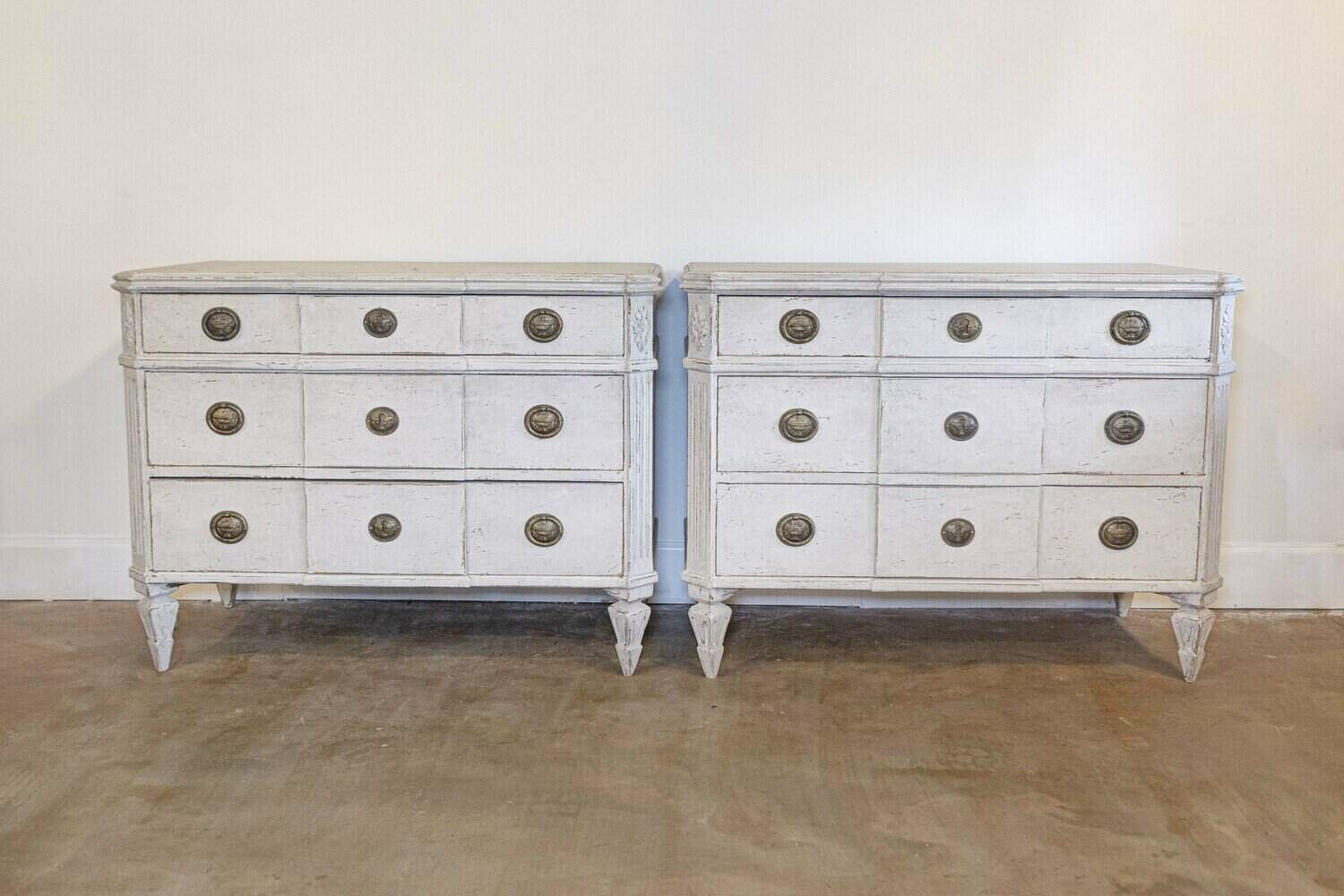 Pair of Swedish Gustavian Style Painted Breakfront Chests with Fluted Posts - JAA