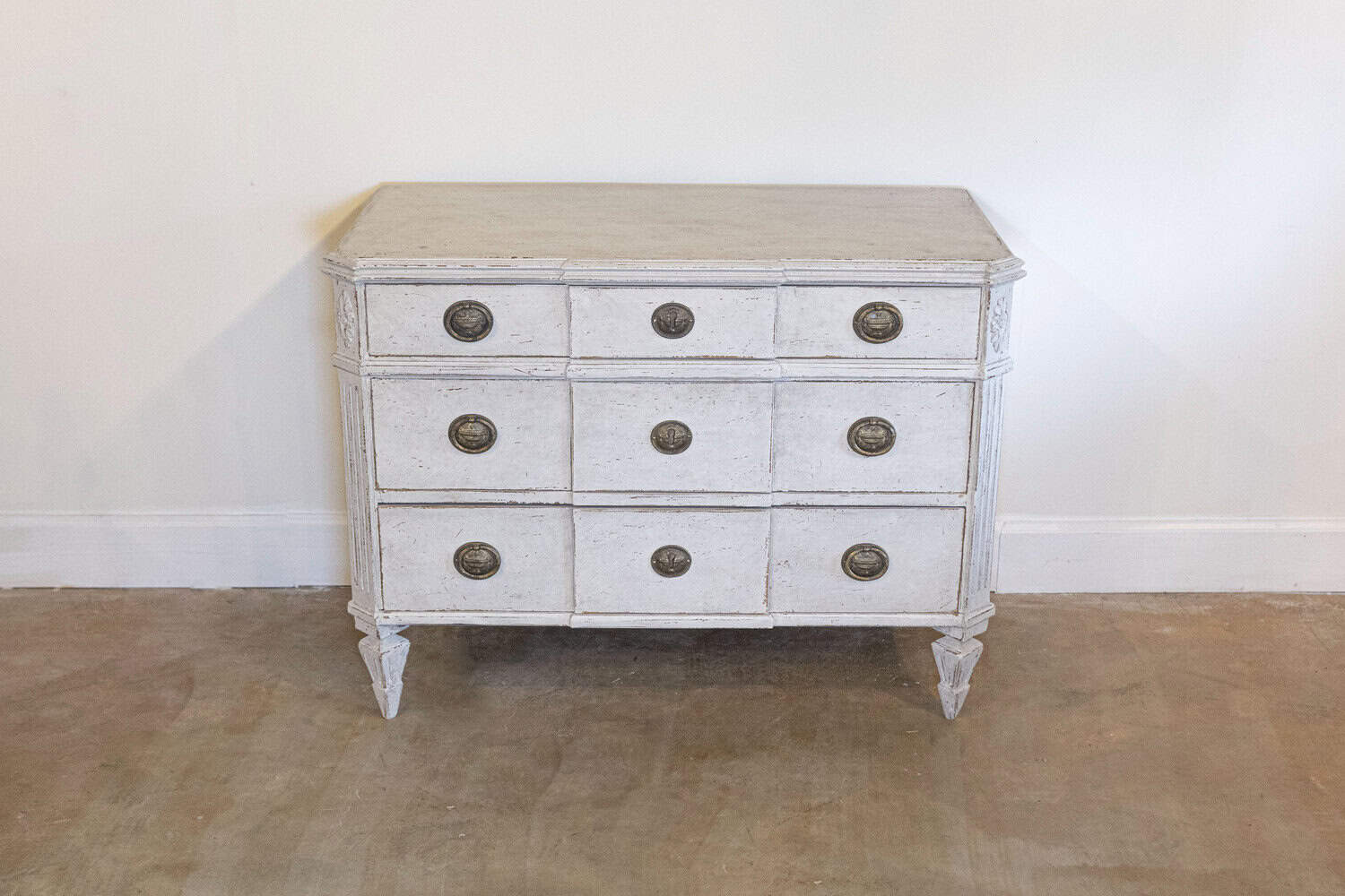 Pair of Swedish Gustavian Style Painted Breakfront Chests with Fluted Posts - JAA