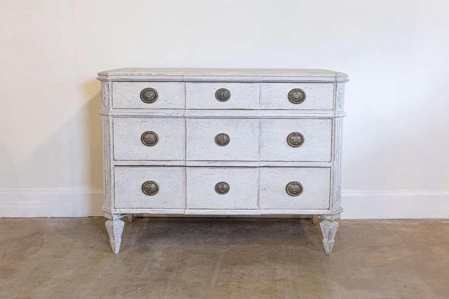 Pair of Swedish Gustavian Style Painted Breakfront Chests with Fluted Posts - JAA