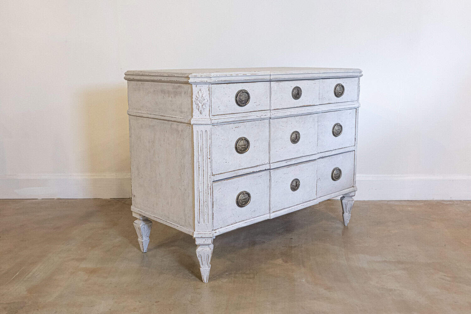 Pair of Swedish Gustavian Style Painted Breakfront Chests with Fluted Posts - JAA