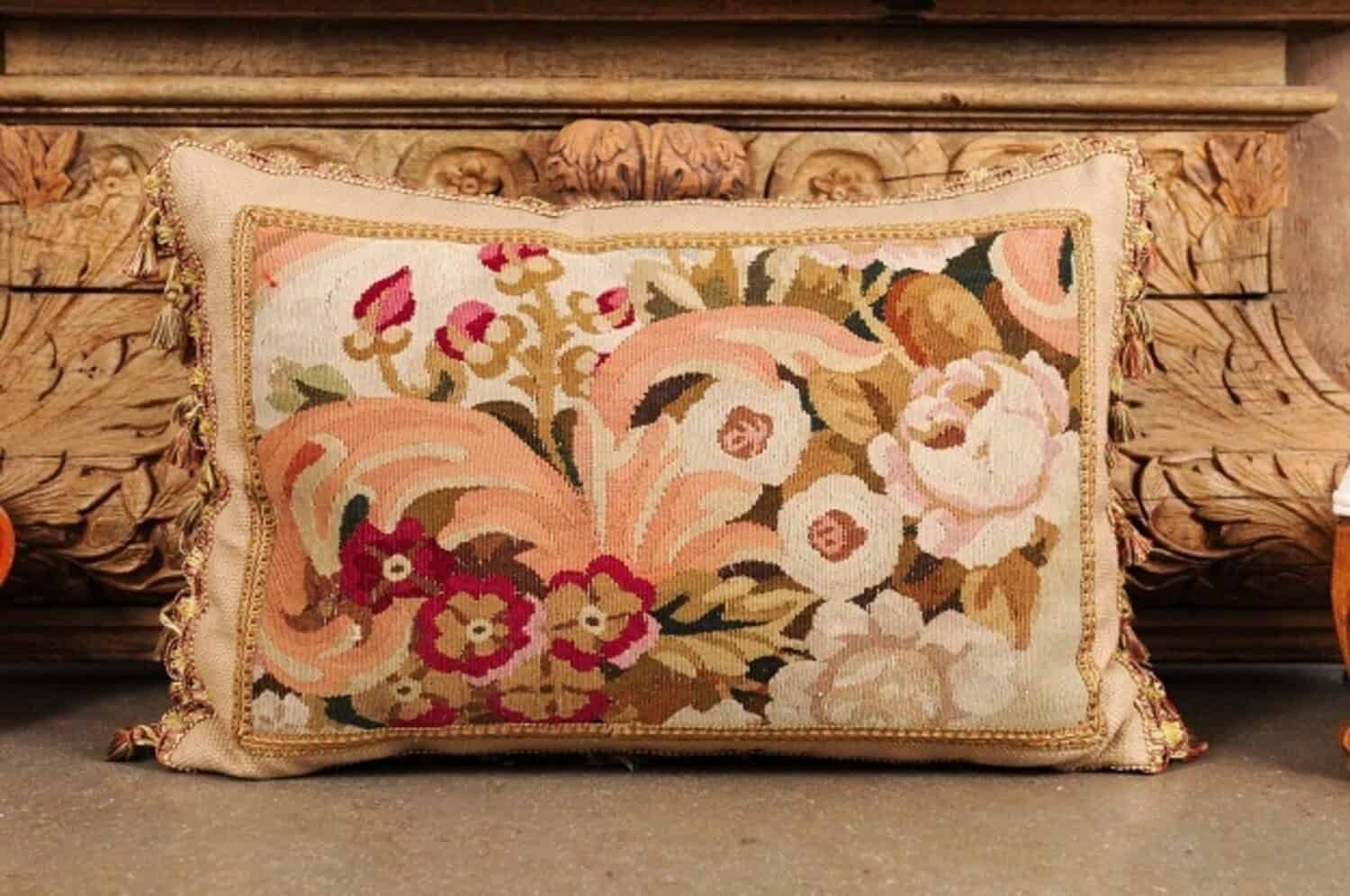 Pillow Made from a 19th Century French Tapestry with Floral Décor and Tassels - JAA
