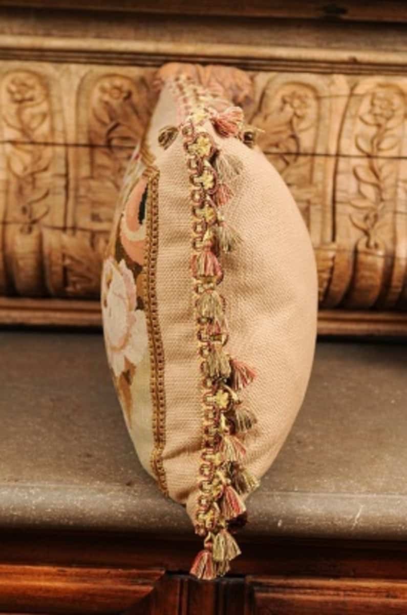 Pillow Made from a 19th Century French Tapestry with Floral Décor and Tassels - JAA