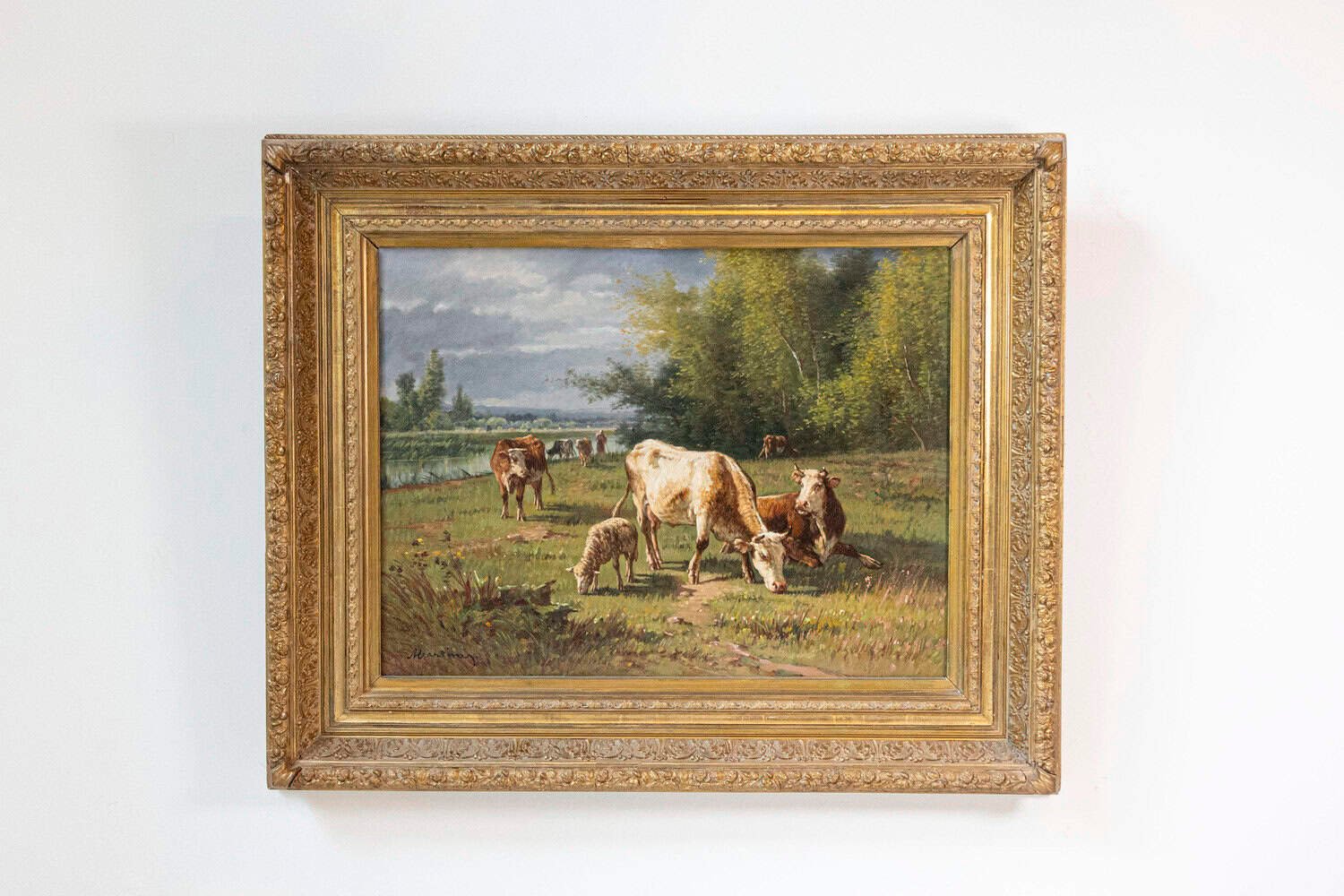 French Barbizon Oil Painting of Cattle Herd by Pablo Martinez del Rio, 1870s - JAA