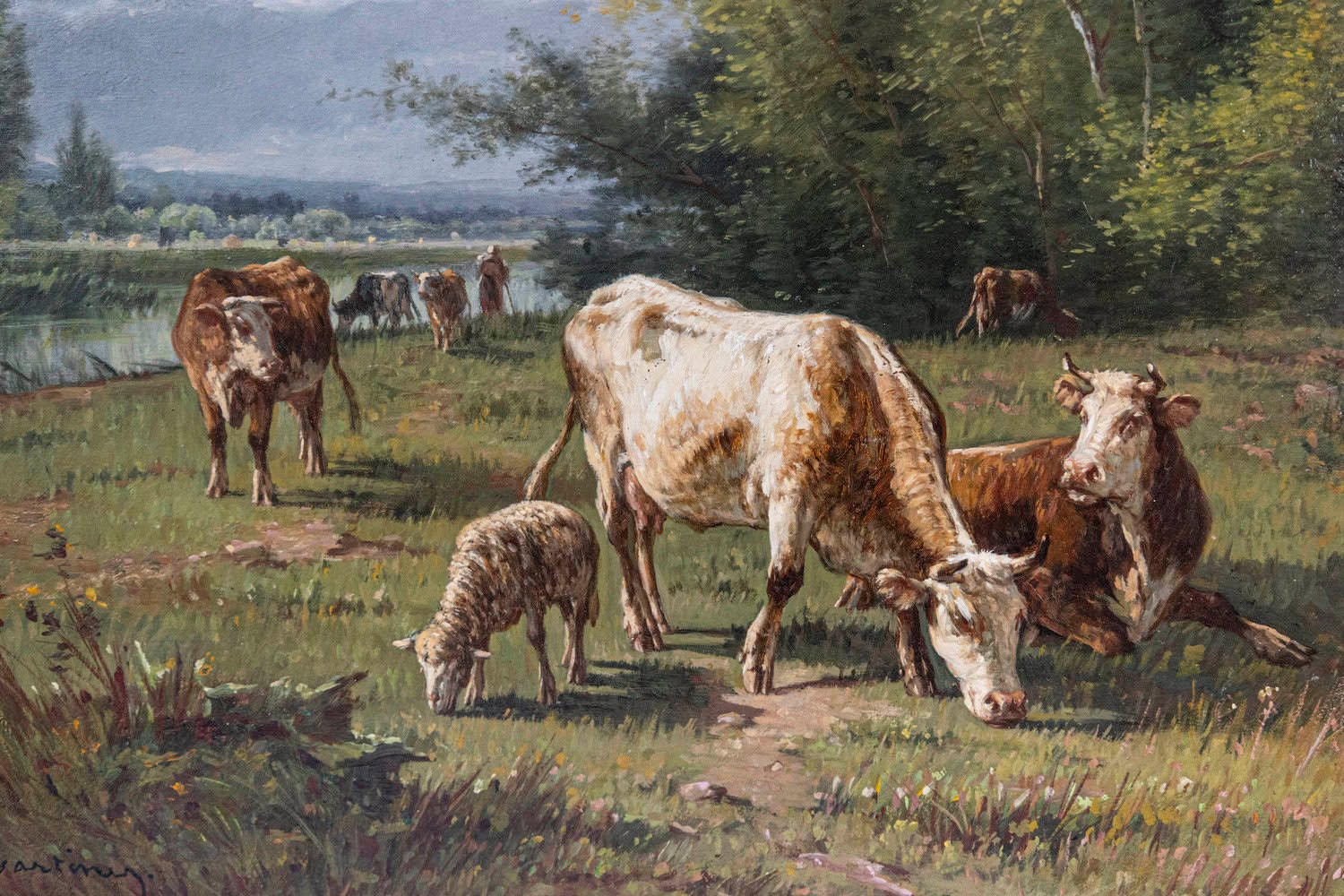French Barbizon Oil Painting of Cattle Herd by Pablo Martinez del Rio, 1870s - JAA