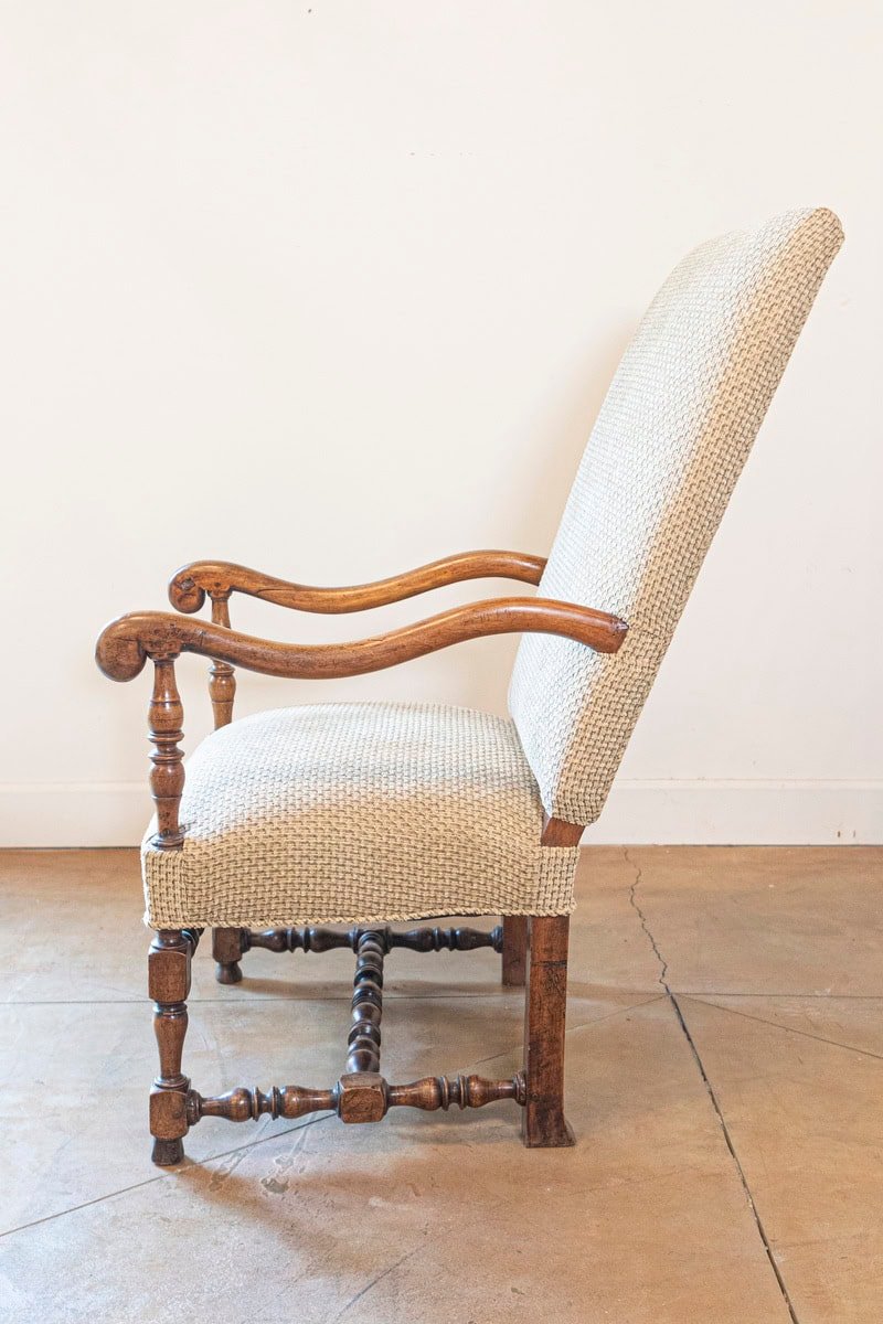 Louis XIII Style Walnut French Fauteuil with Scrolling Arms and Turned Base - JAA