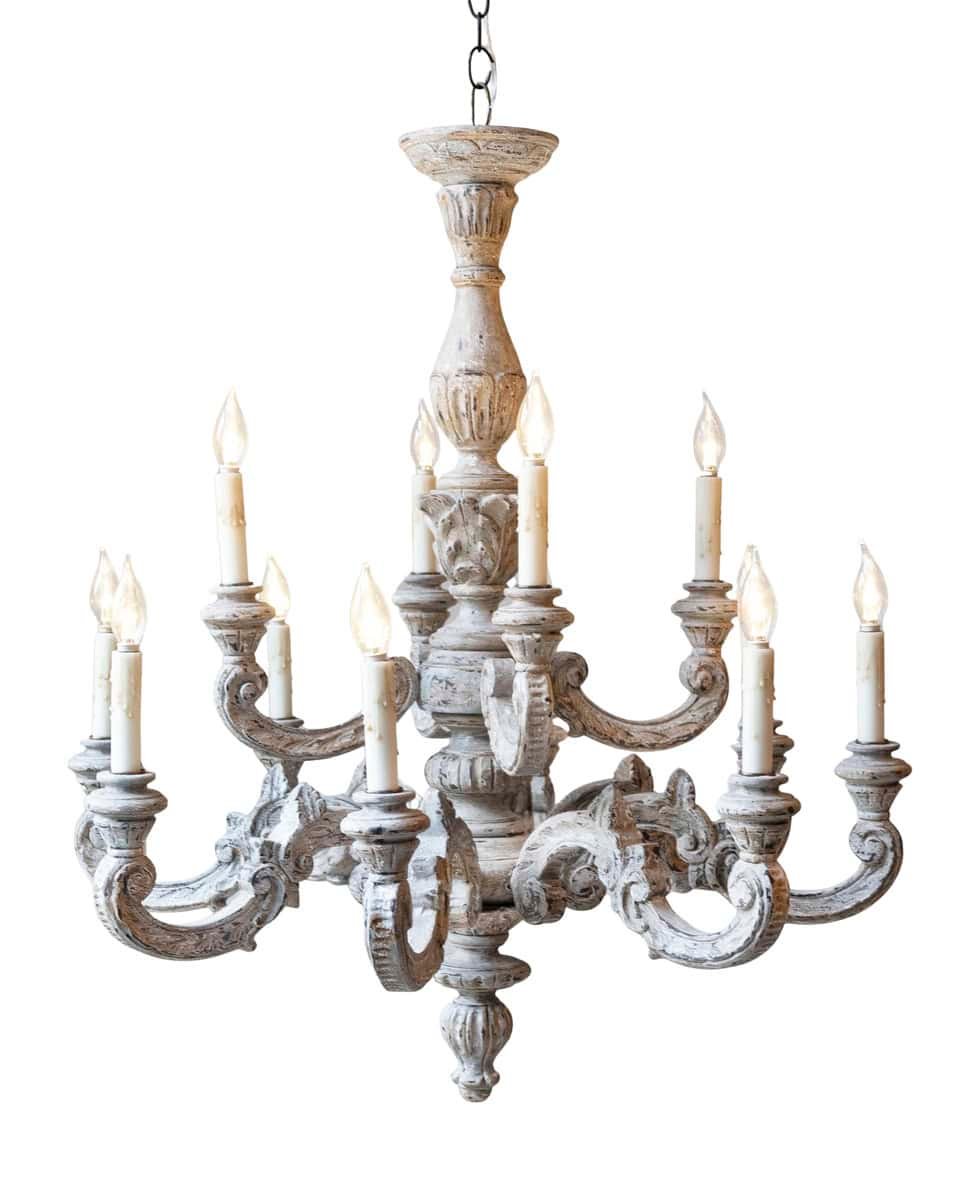 French 20th Century Carved and Painted Wood Twelve-Light Chandelier