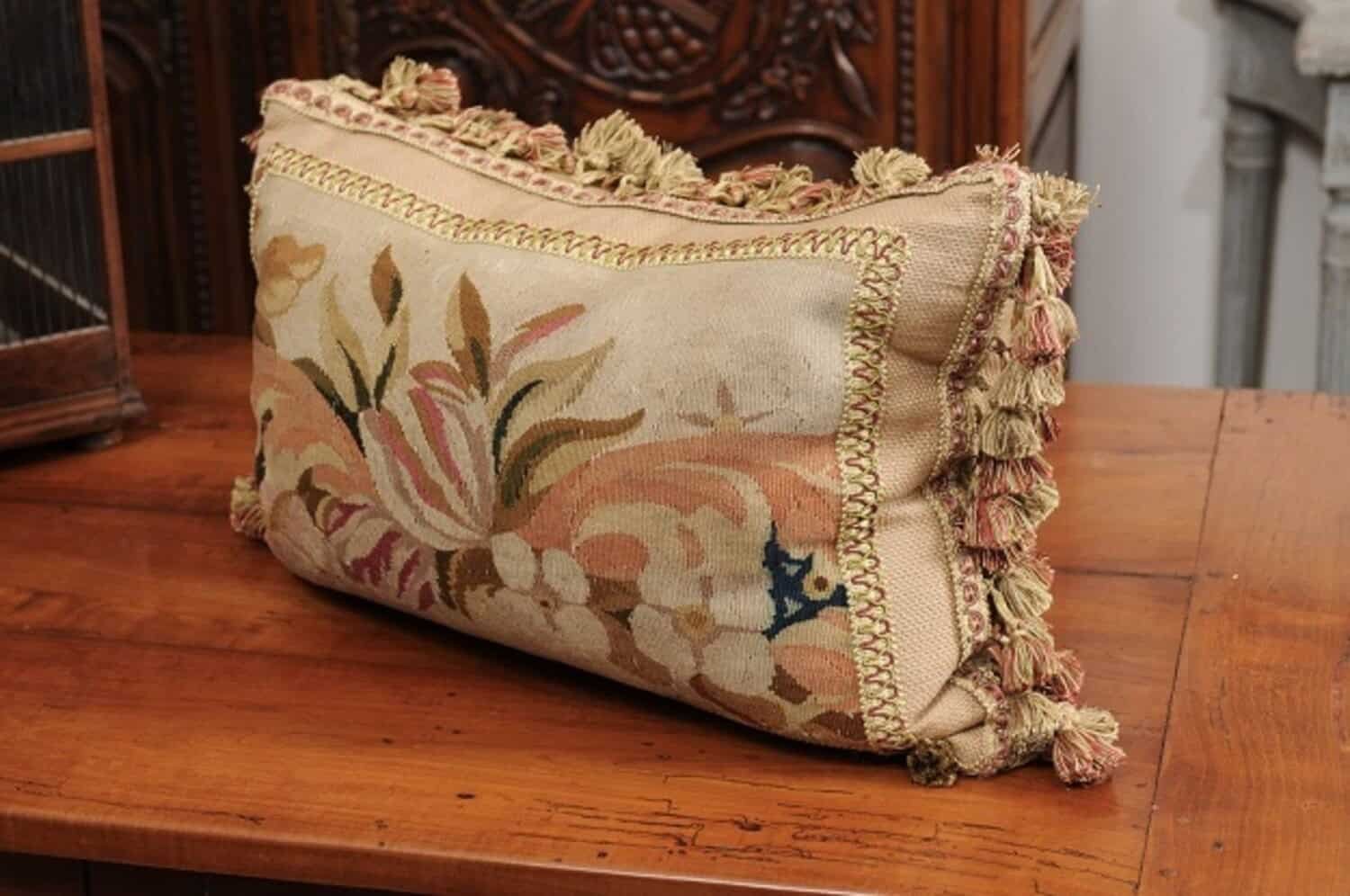 Pillow Made from a 19th Century French Tapestry with Floral Decor and Tassels - JAA