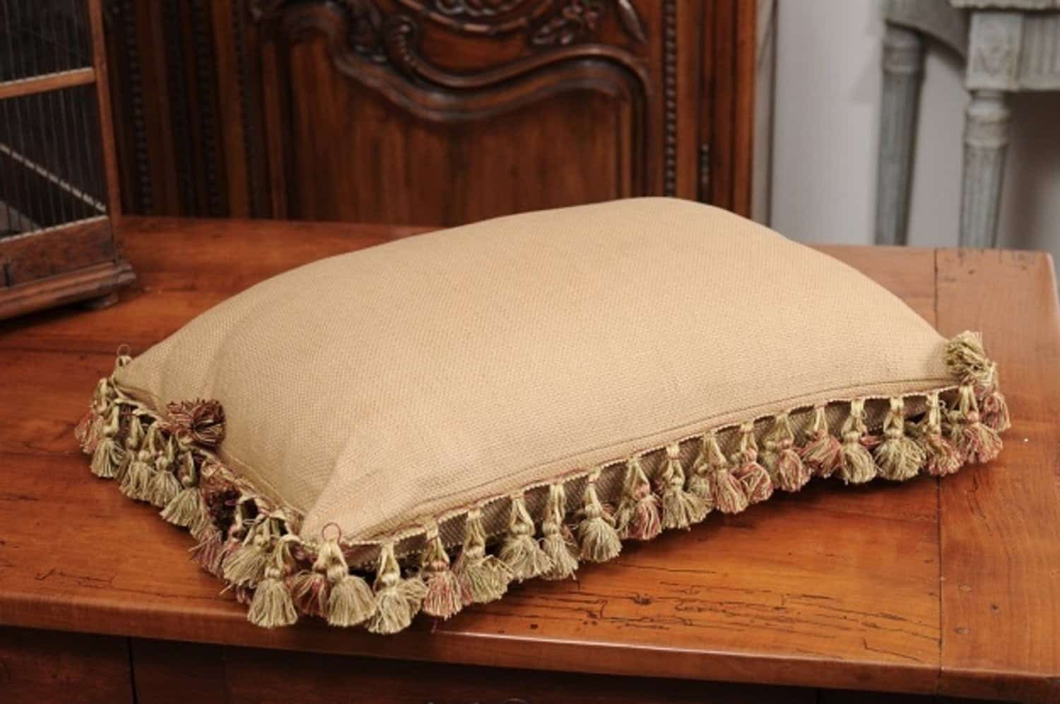 Pillow Made from a 19th Century French Tapestry with Floral Decor and Tassels - JAA