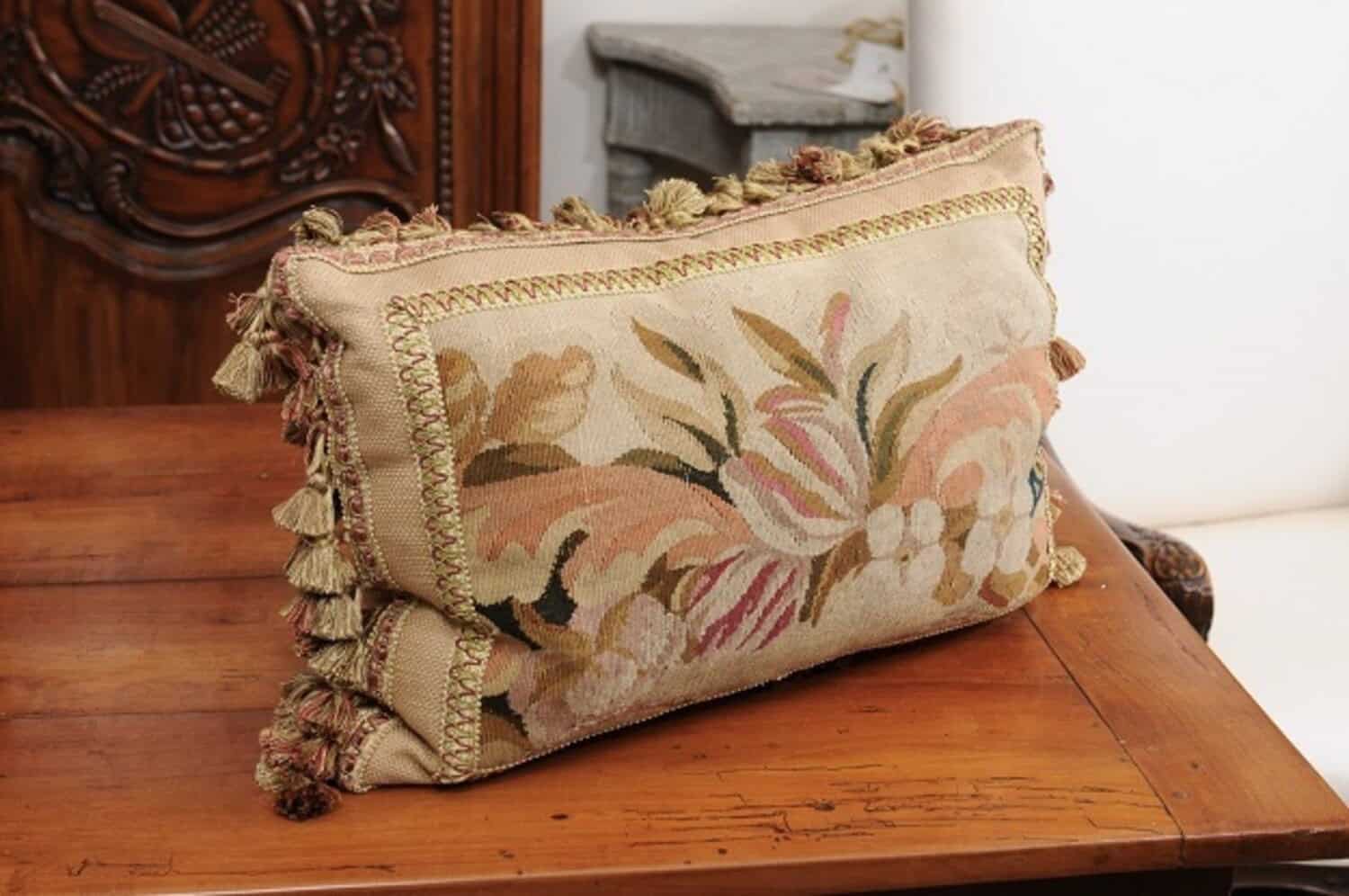 Pillow Made from a 19th Century French Tapestry with Floral Decor and Tassels - JAA