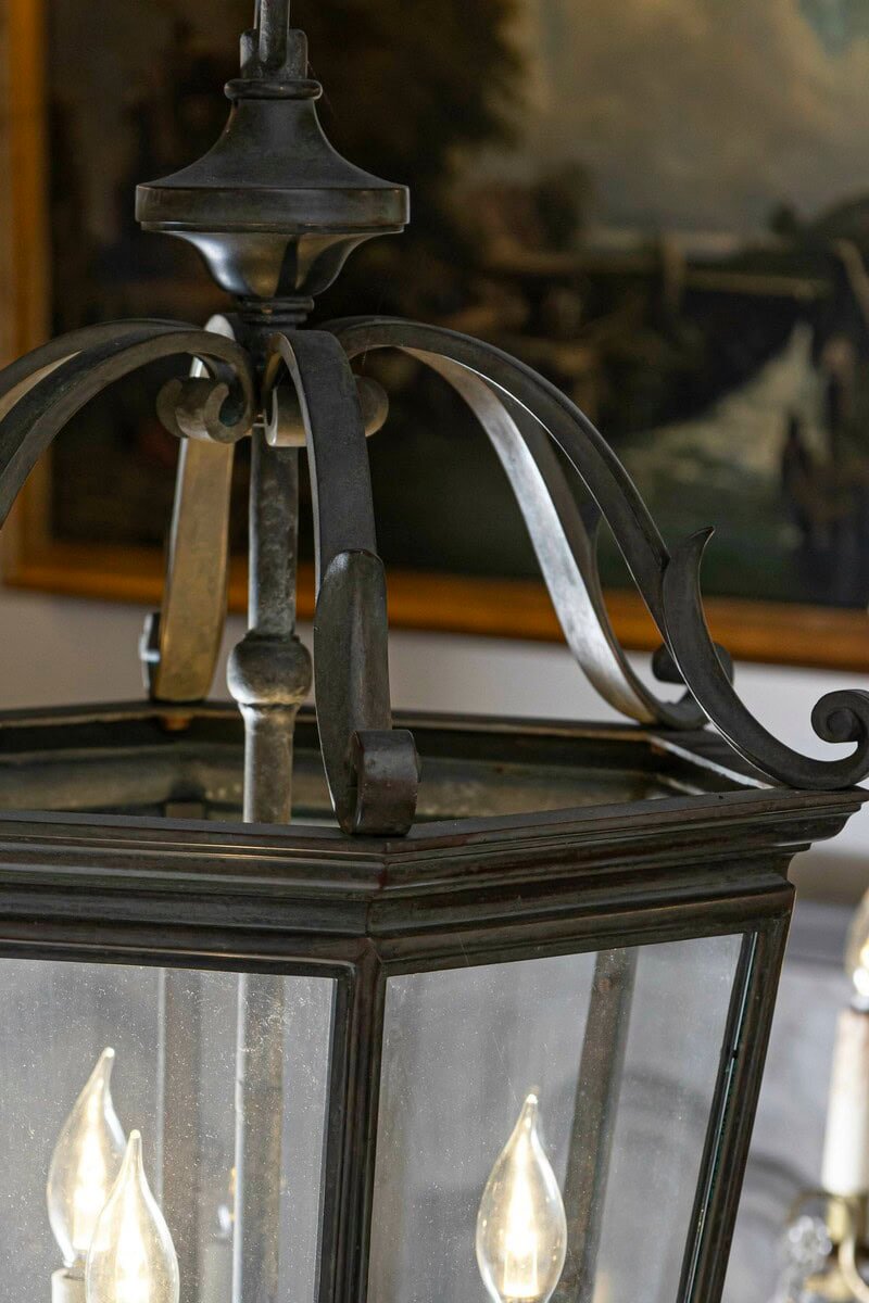 Spanish 1910s Bronze and Glass Hexagonal Lantern with Three Lights and Volutes - JAA