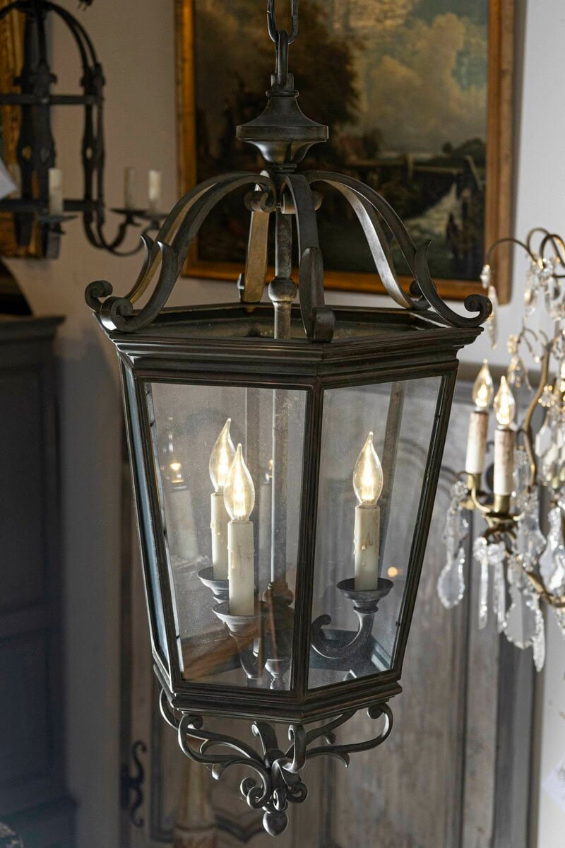 Spanish 1910s Bronze and Glass Hexagonal Lantern with Three Lights and Volutes - JAA