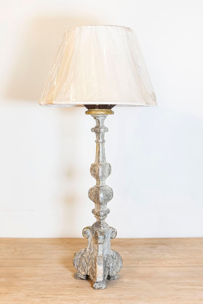 French Baroque Style 1870s Carved, Painted and Parcel-Gilt Candlestick Lamp - JAA