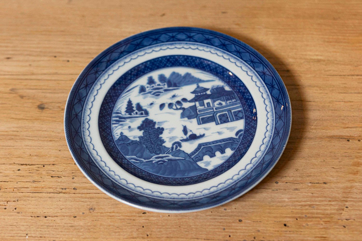 Mottahedeh Blue Canton Porcelain Plate with Blue and White Chinese Landscape - JAA