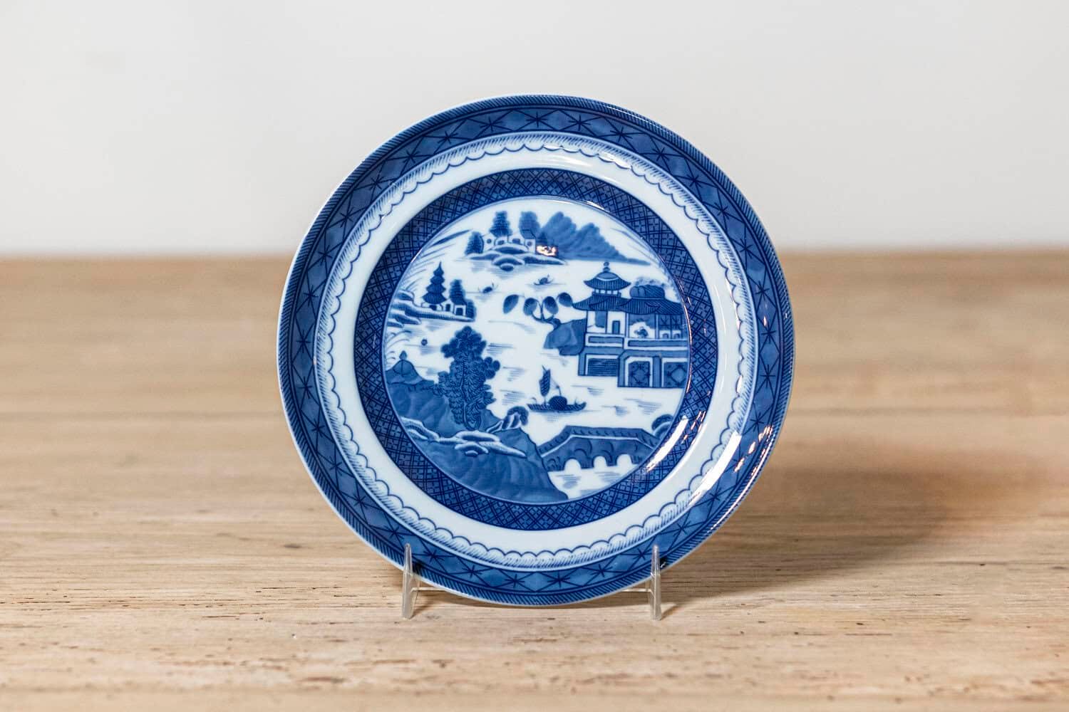 Mottahedeh Blue Canton Porcelain Plate with Blue and White Chinese Landscape - JAA