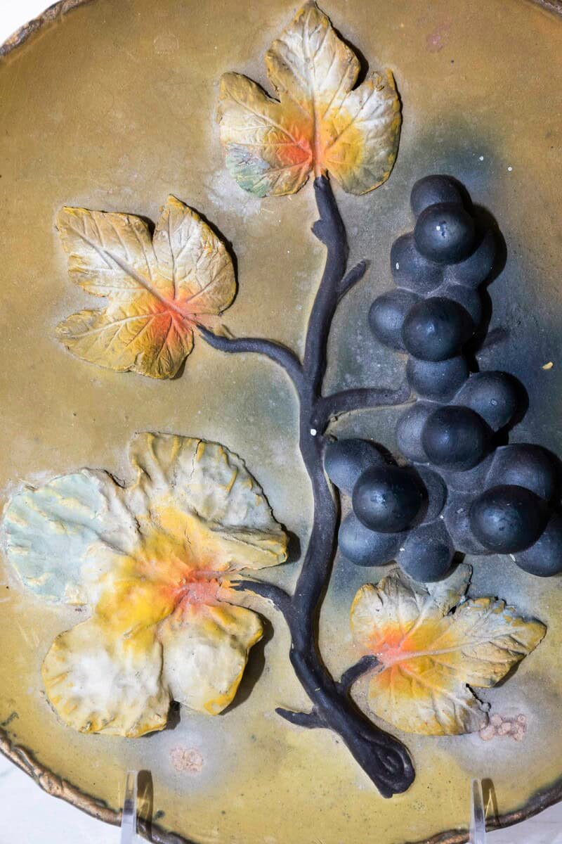French 20th Century Wall Hanging Pottery Plate with Black Grapes Motifs - JAA