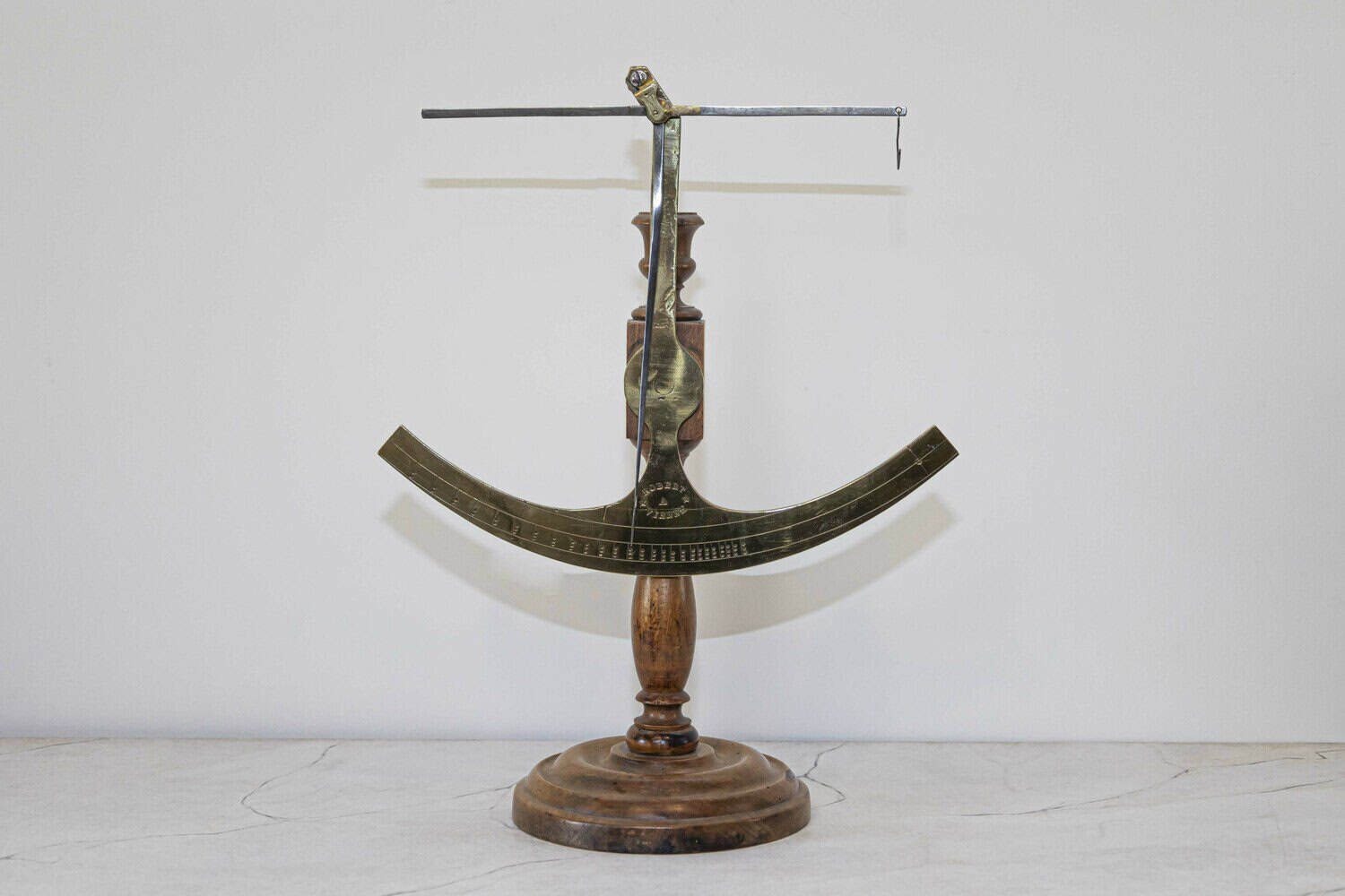 French 19th Century Brass Fabric Scale on Wooden Base Signed Robert A Vienne - JAA