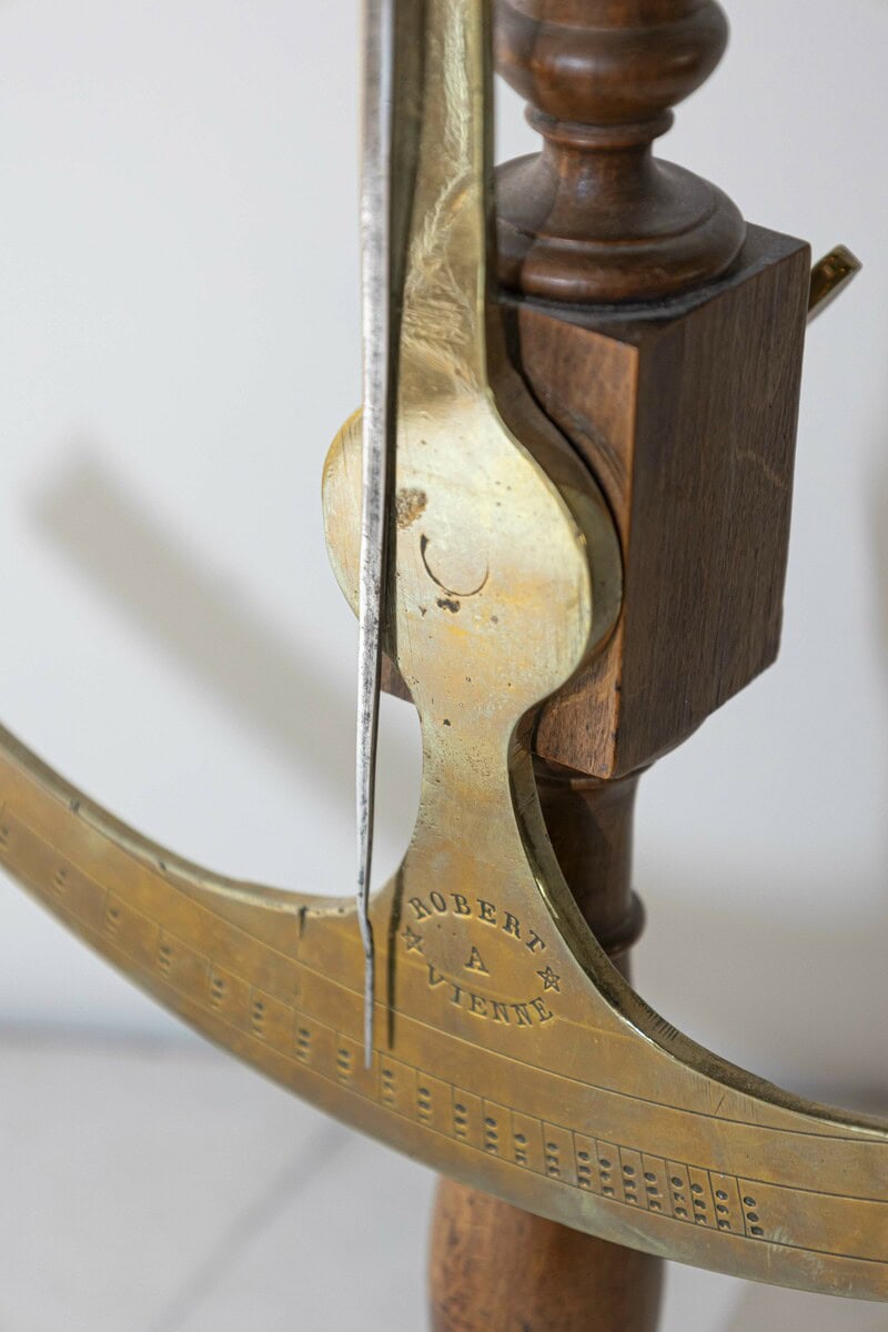 French 19th Century Brass Fabric Scale on Wooden Base Signed Robert A Vienne - JAA