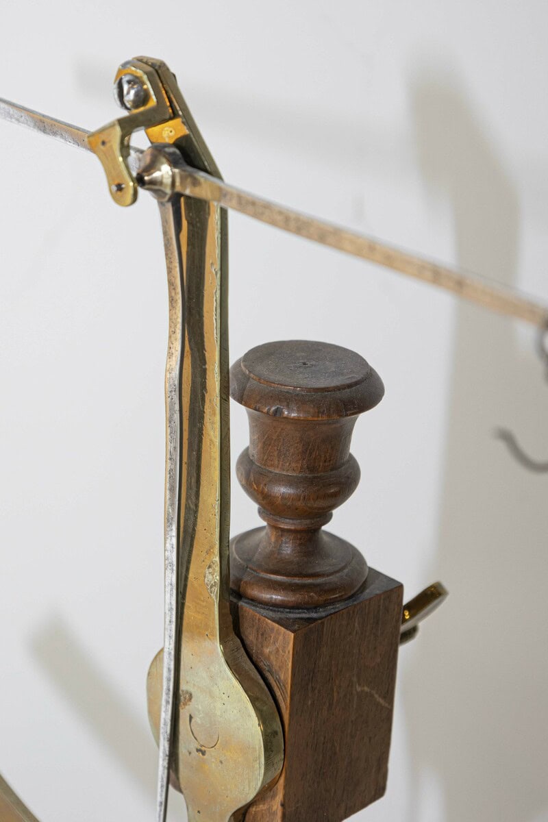 French 19th Century Brass Fabric Scale on Wooden Base Signed Robert A Vienne - JAA