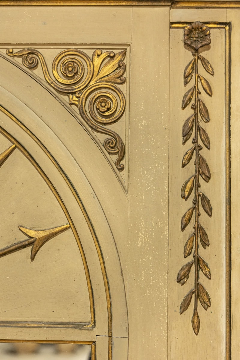 French Empire Style Beige Painted Trumeau Mirror with Carved Gilt Décor - JAA