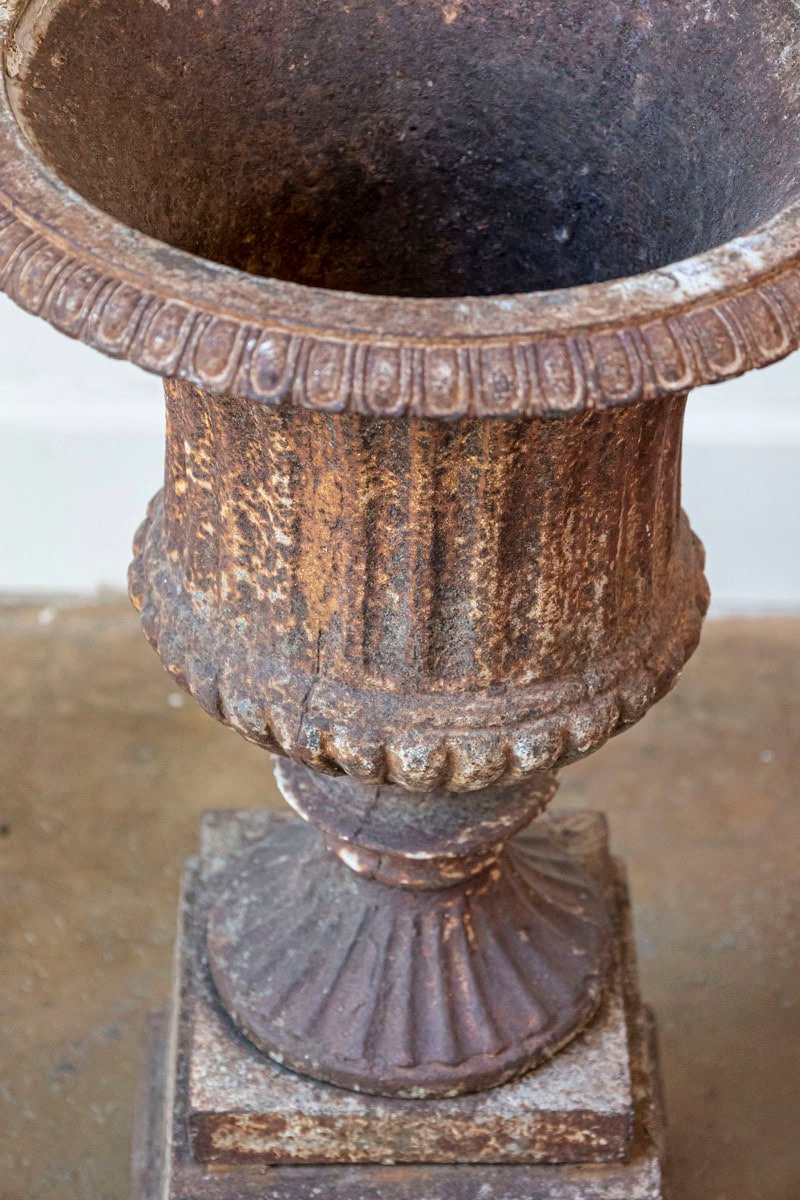 Pair of French 19th Century Iron Médicis Vases on Stepped Pedestals with Patina - JAA