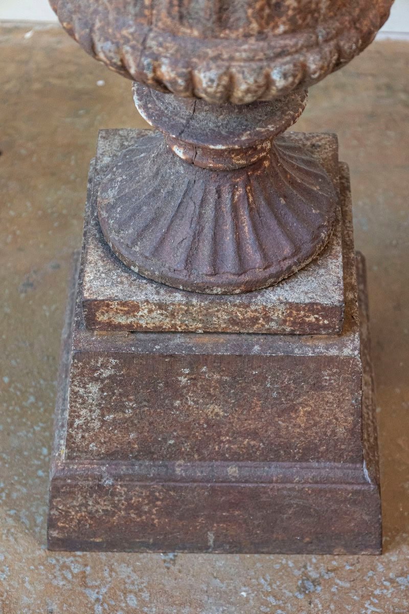 Pair of French 19th Century Iron Médicis Vases on Stepped Pedestals with Patina - JAA