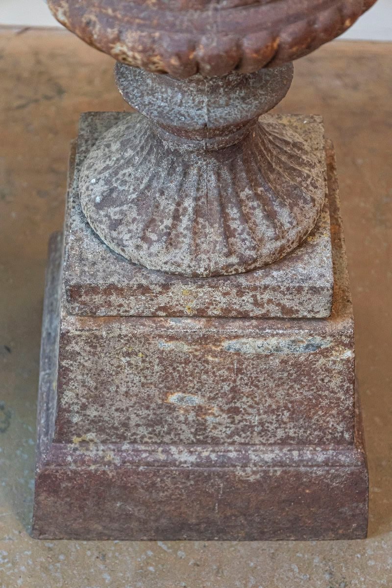 Pair of French 19th Century Iron Médicis Vases on Stepped Pedestals with Patina - JAA