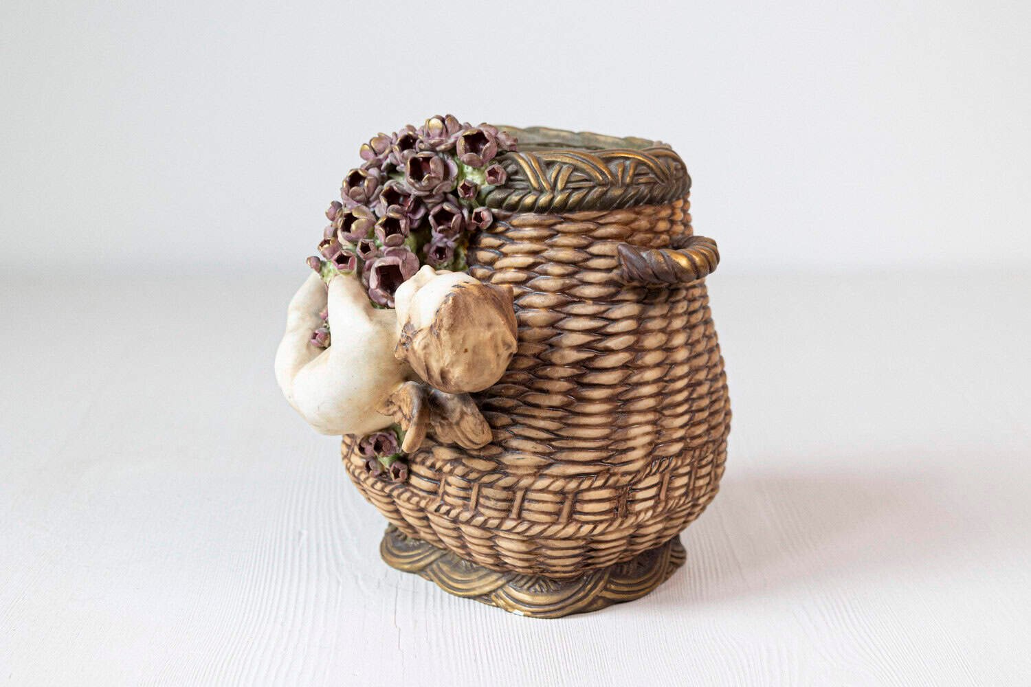 French Painted Terracotta Wicker Basket Vase with Cherub Swinging from Roses - JAA