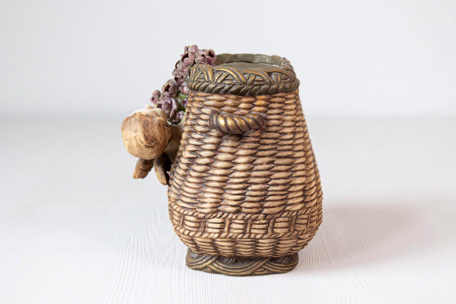 French Painted Terracotta Wicker Basket Vase with Cherub Swinging from Roses - JAA