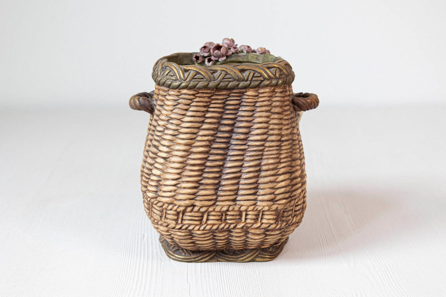 French Painted Terracotta Wicker Basket Vase with Cherub Swinging from Roses - JAA