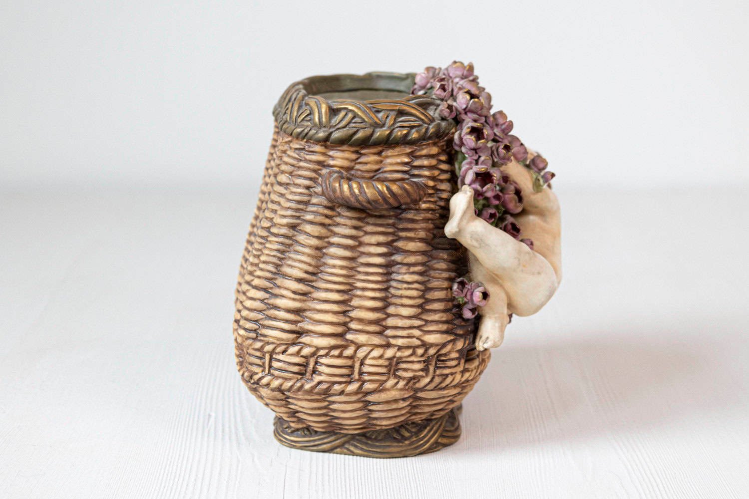 French Painted Terracotta Wicker Basket Vase with Cherub Swinging from Roses - JAA