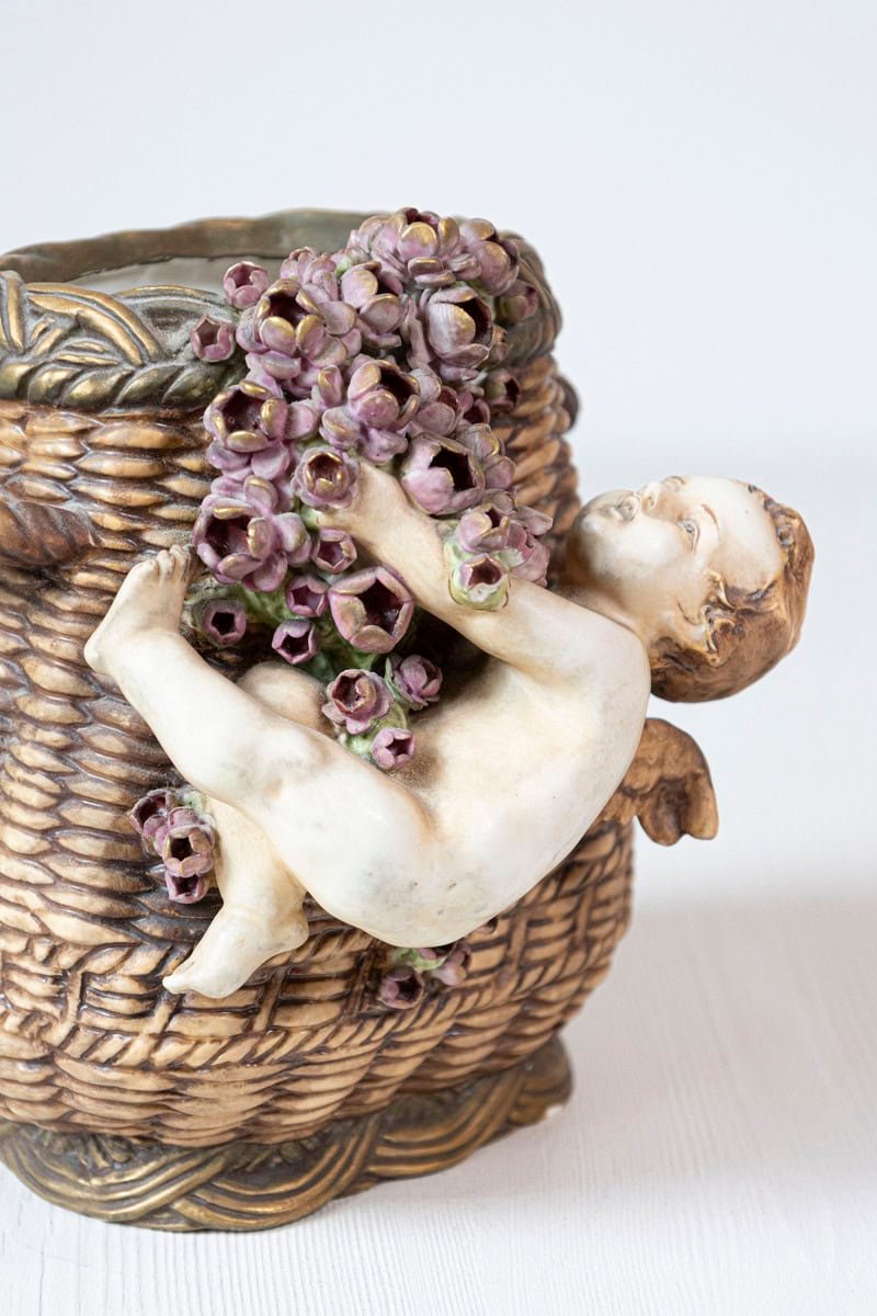 French Painted Terracotta Wicker Basket Vase with Cherub Swinging from Roses - JAA