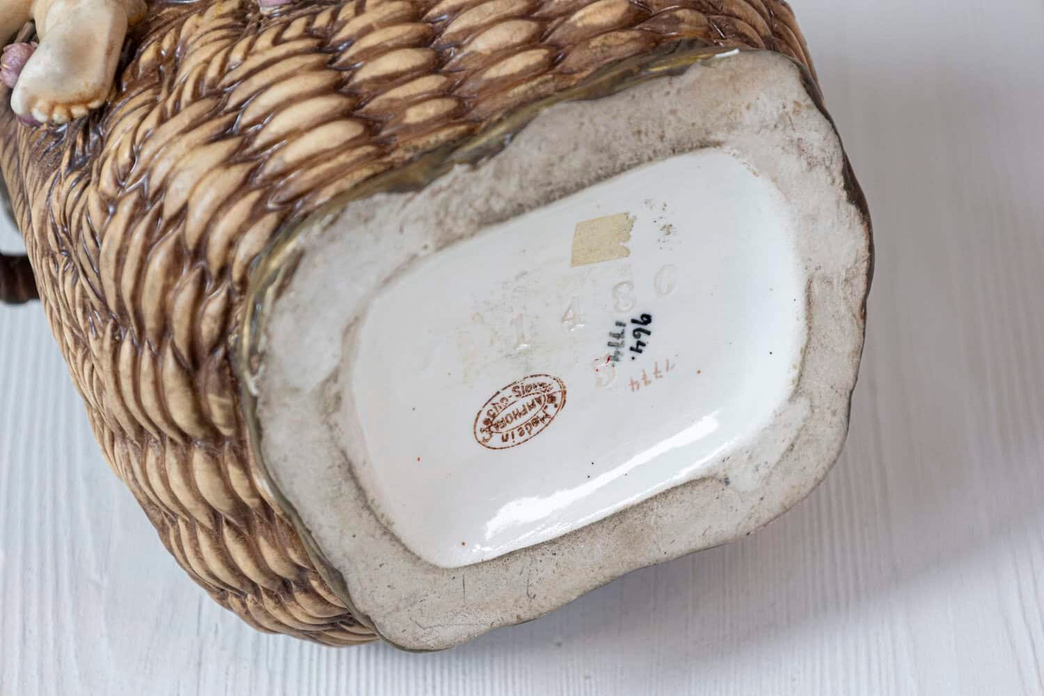 French Painted Terracotta Wicker Basket Vase with Cherub Swinging from Roses - JAA