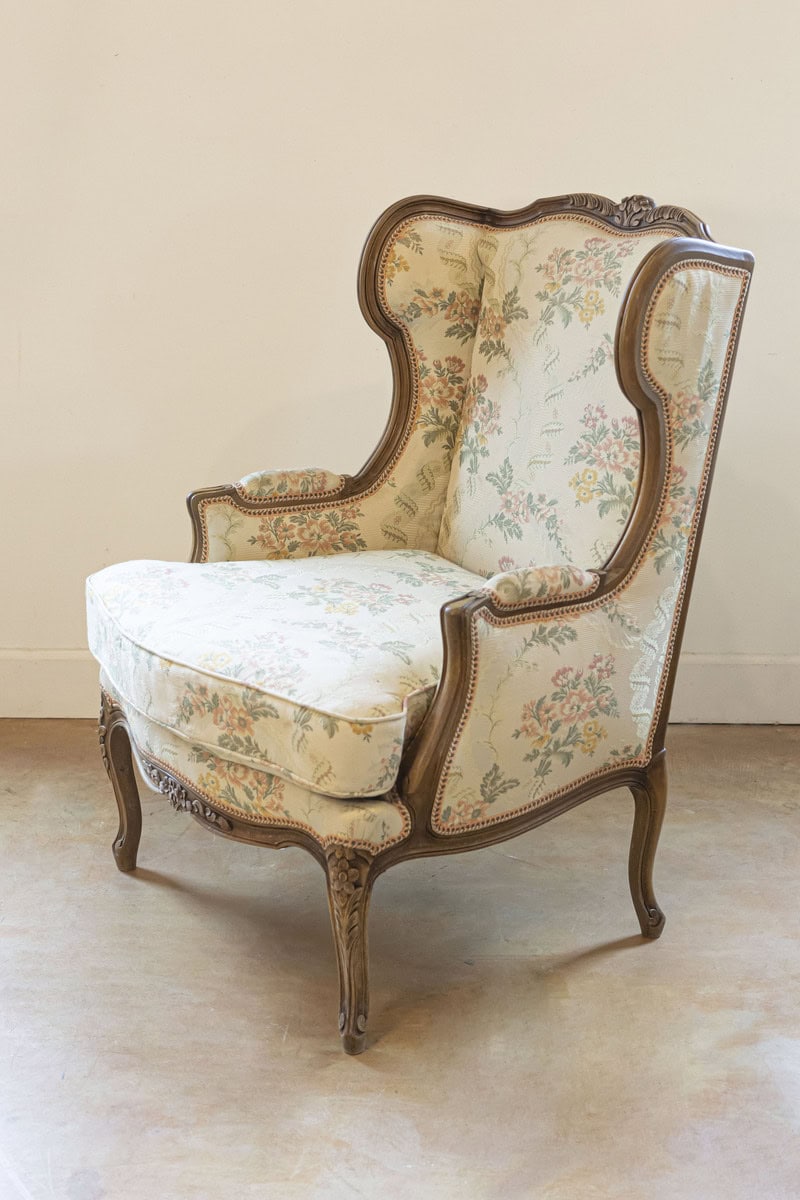 Pair of French Louis XV Style Bergères À Oreilles with Carved Floral Décor - JAA