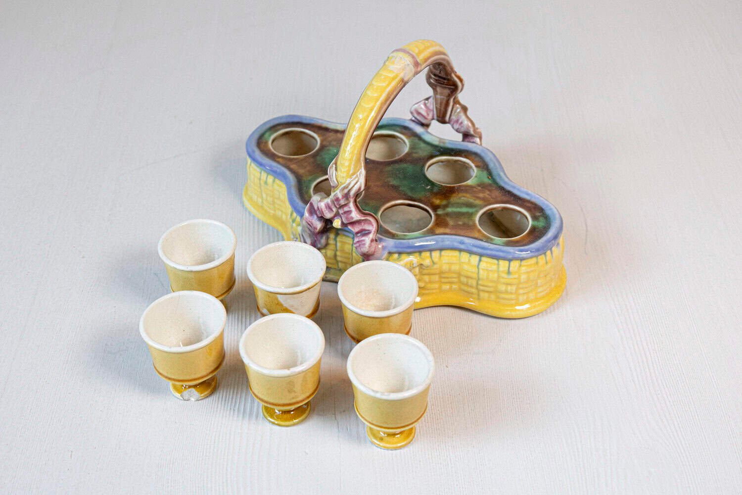 French 19th Century Majolica Porcelain Yellow Glazed Basket with Six Egg Cups - JAA