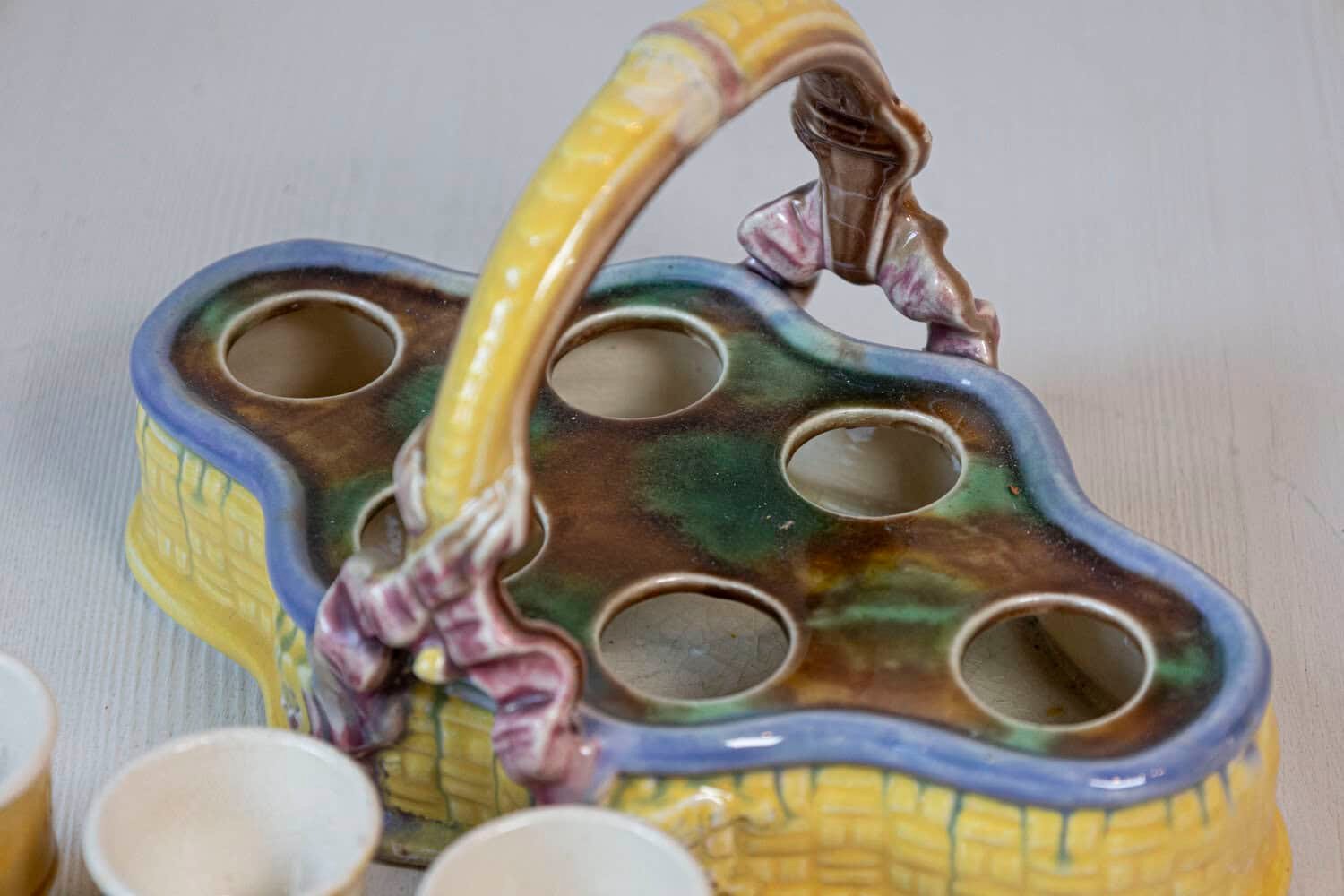 French 19th Century Majolica Porcelain Yellow Glazed Basket with Six Egg Cups - JAA