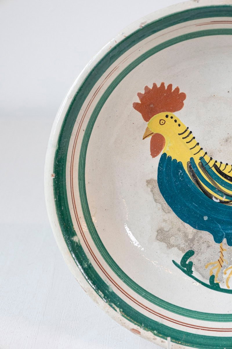 Italian Early 20th Century Pottery Bowl with Rooster Motif and Green Border - JAA