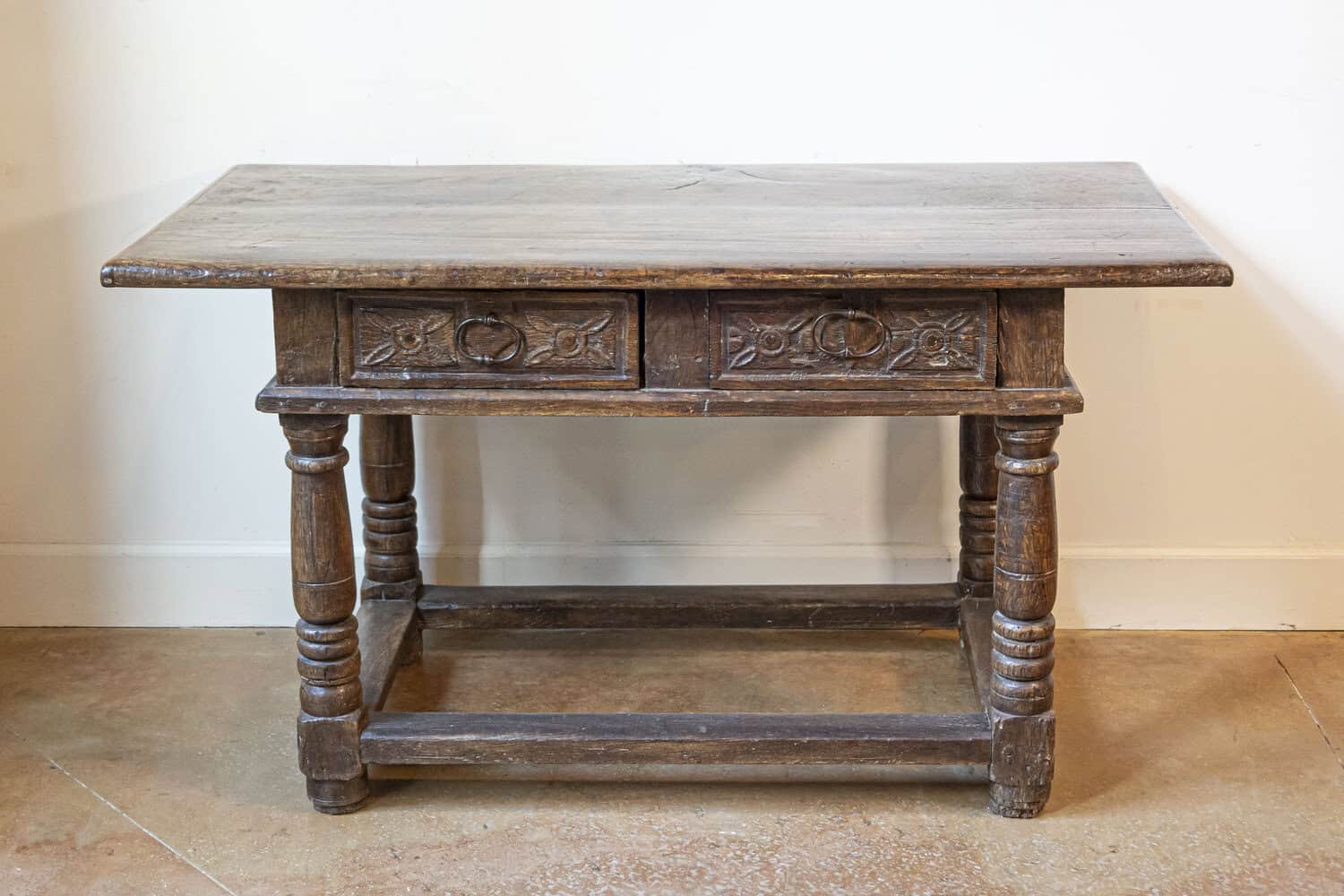 French 1750s Walnut Library Table with Carved Drawers and Original Hardware - JAA