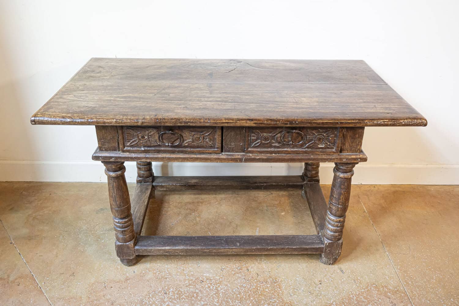French 1750s Walnut Library Table with Carved Drawers and Original Hardware - JAA