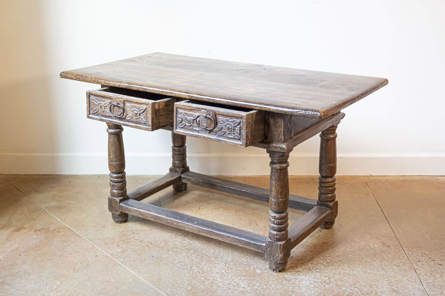 French 1750s Walnut Library Table with Carved Drawers and Original Hardware - JAA