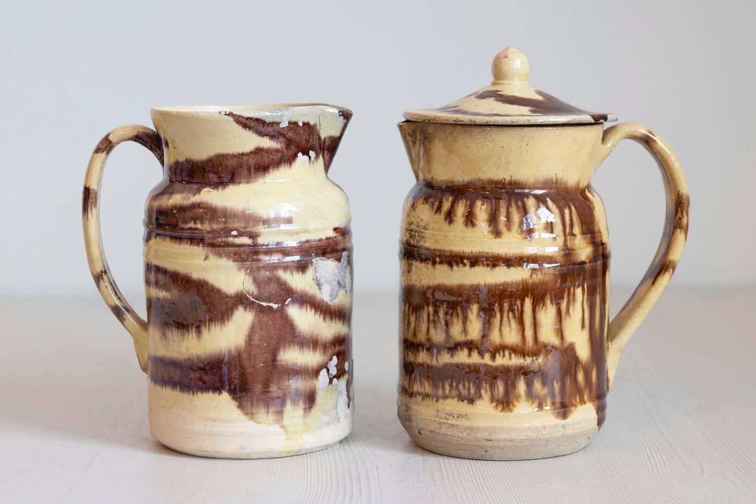 French 19th Century Pottery Pitcher with Cream and Brown Glaze with Dripping - JAA