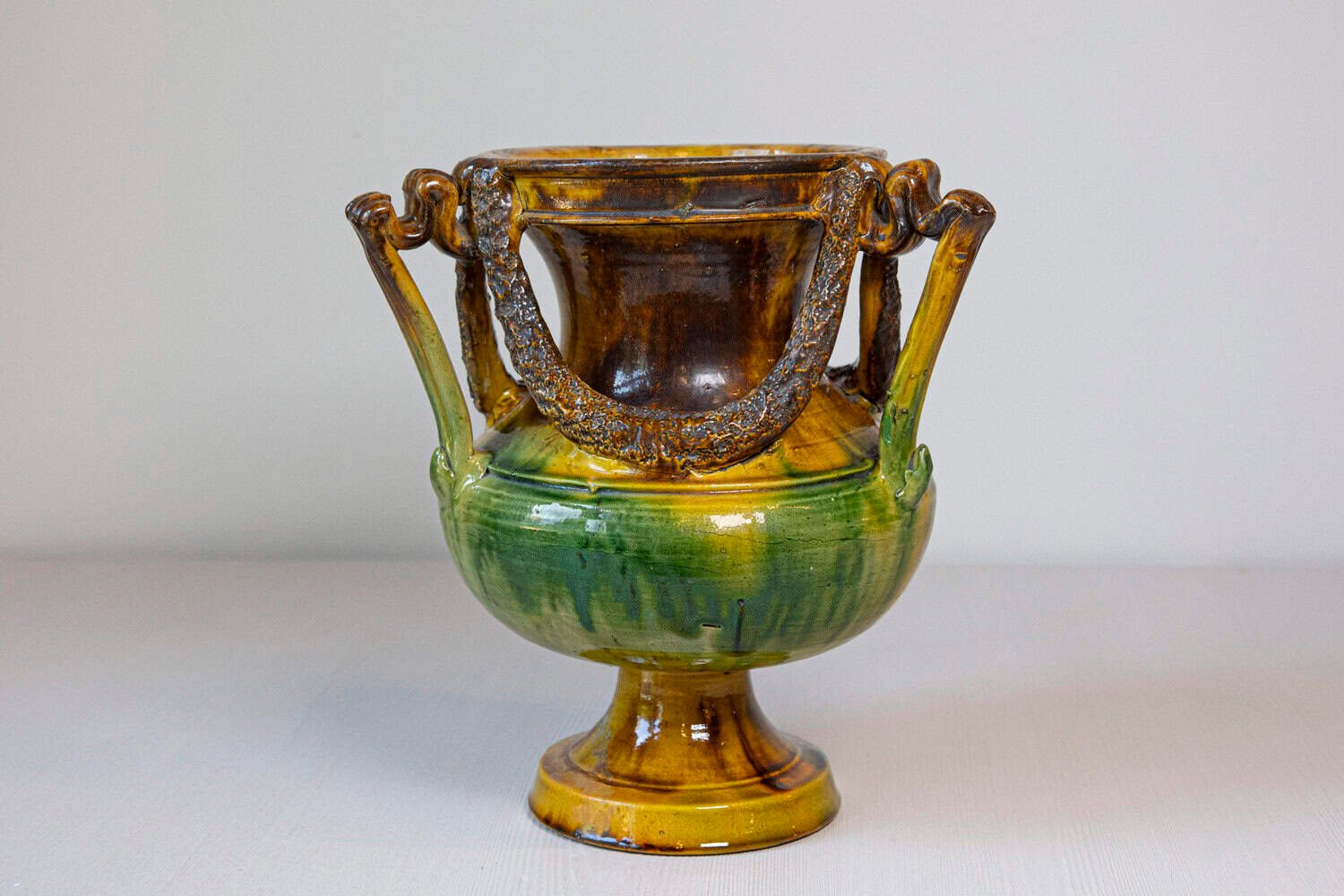 French Classical 19th Century Anduze Multi-Colored Glazed Vase with Swag Motifs - JAA