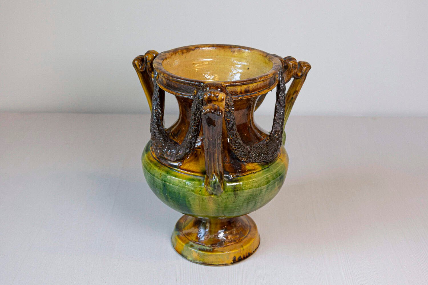 French Classical 19th Century Anduze Multi-Colored Glazed Vase with Swag Motifs - JAA