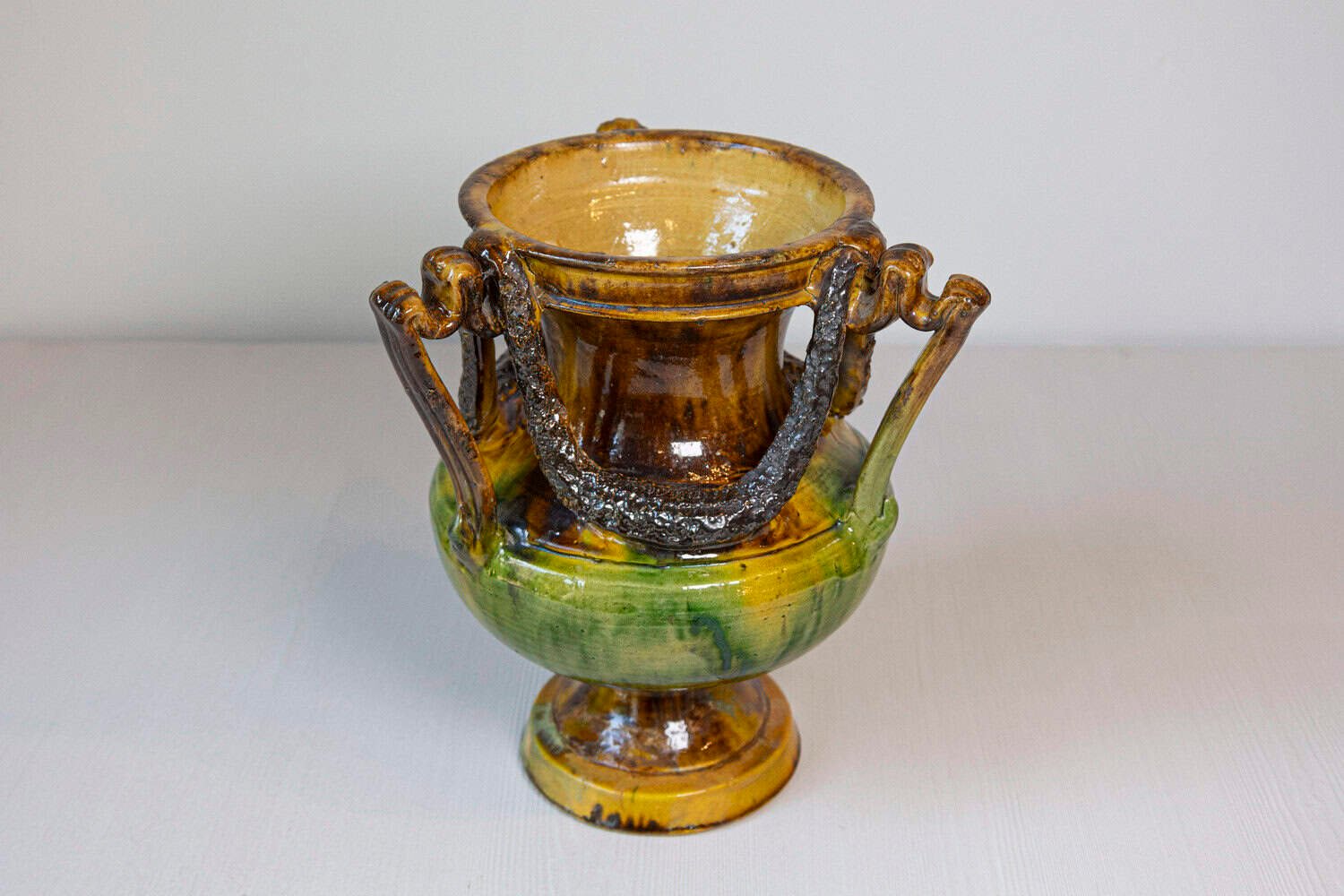 French Classical 19th Century Anduze Multi-Colored Glazed Vase with Swag Motifs - JAA