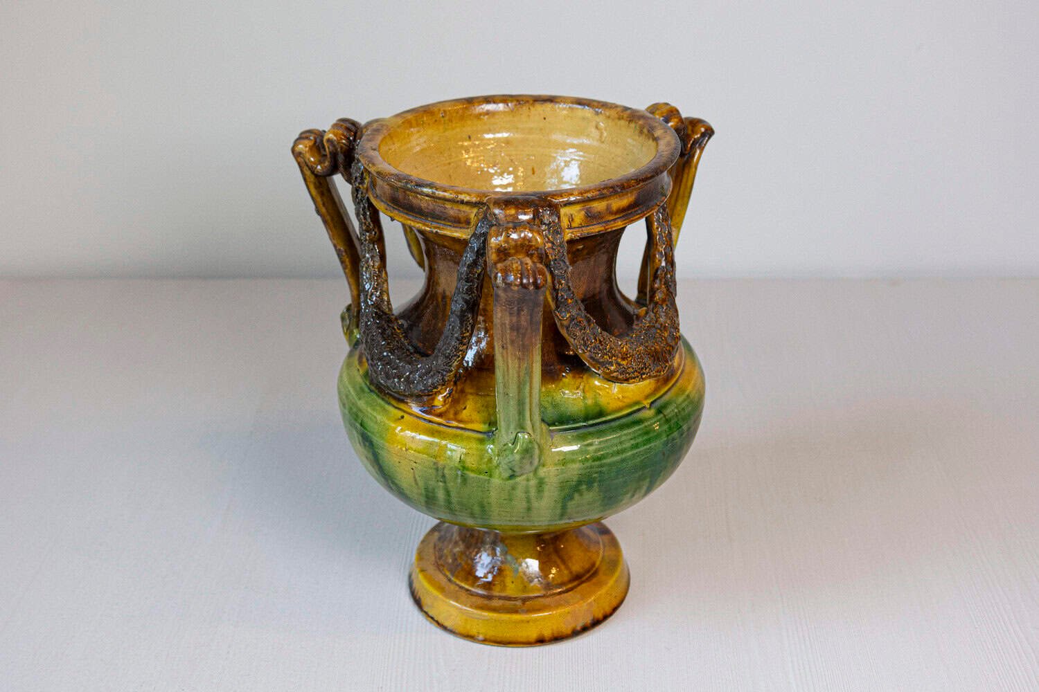 French Classical 19th Century Anduze Multi-Colored Glazed Vase with Swag Motifs - JAA