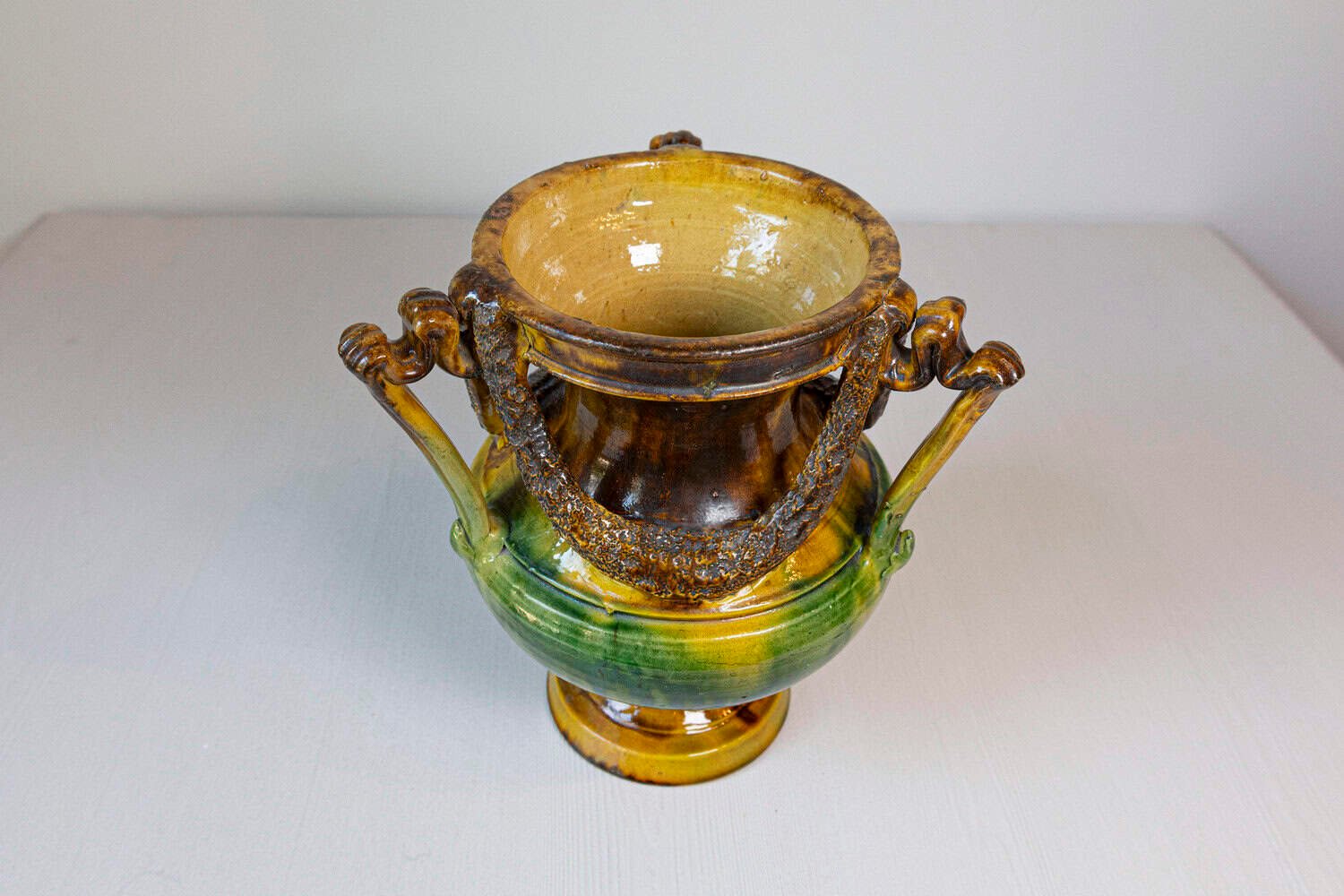 French Classical 19th Century Anduze Multi-Colored Glazed Vase with Swag Motifs - JAA