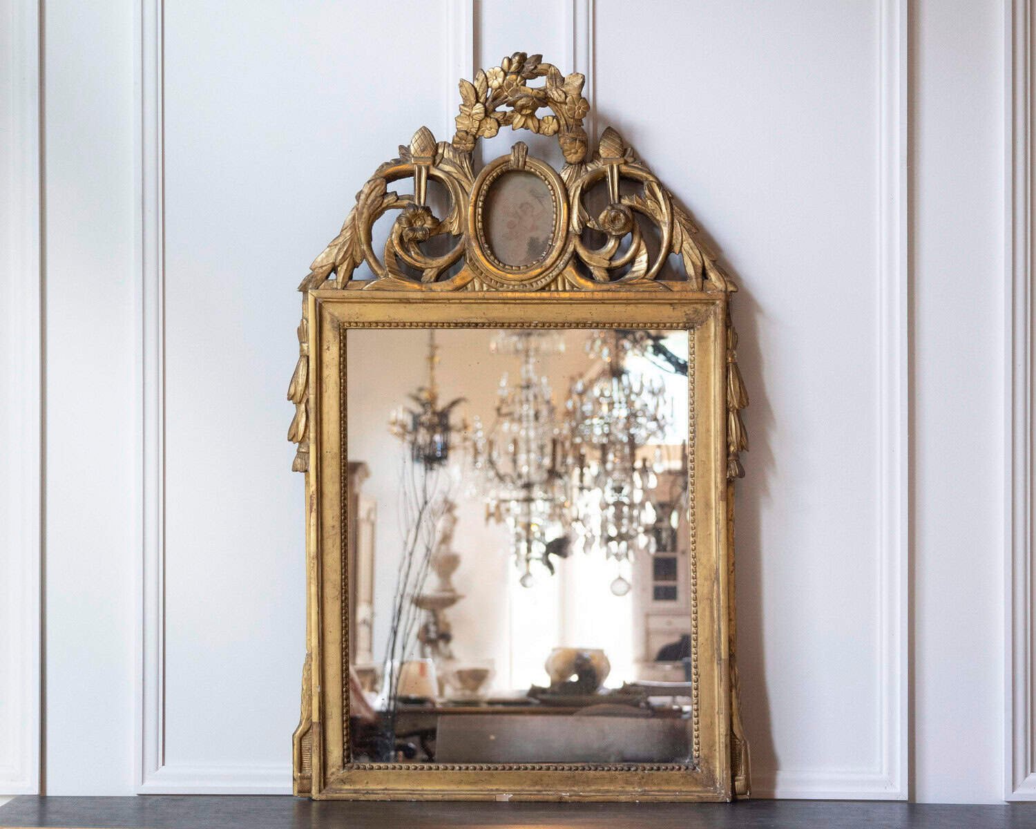 18th Century French Louis XVI Giltwood Mirror with Cherub Medallion - JAA