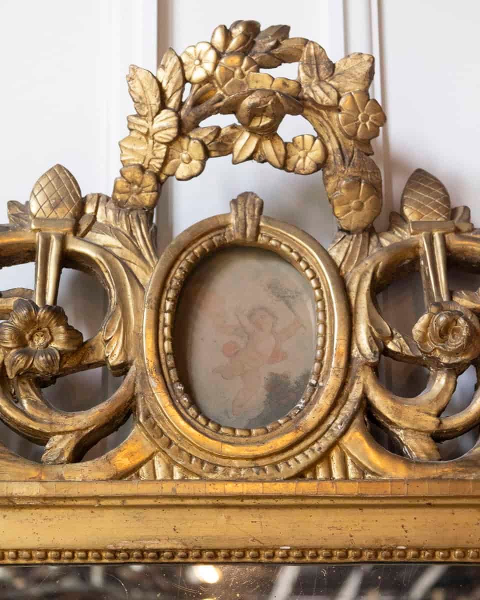 18th Century French Louis XVI Giltwood Mirror with Cherub Medallion - JAA